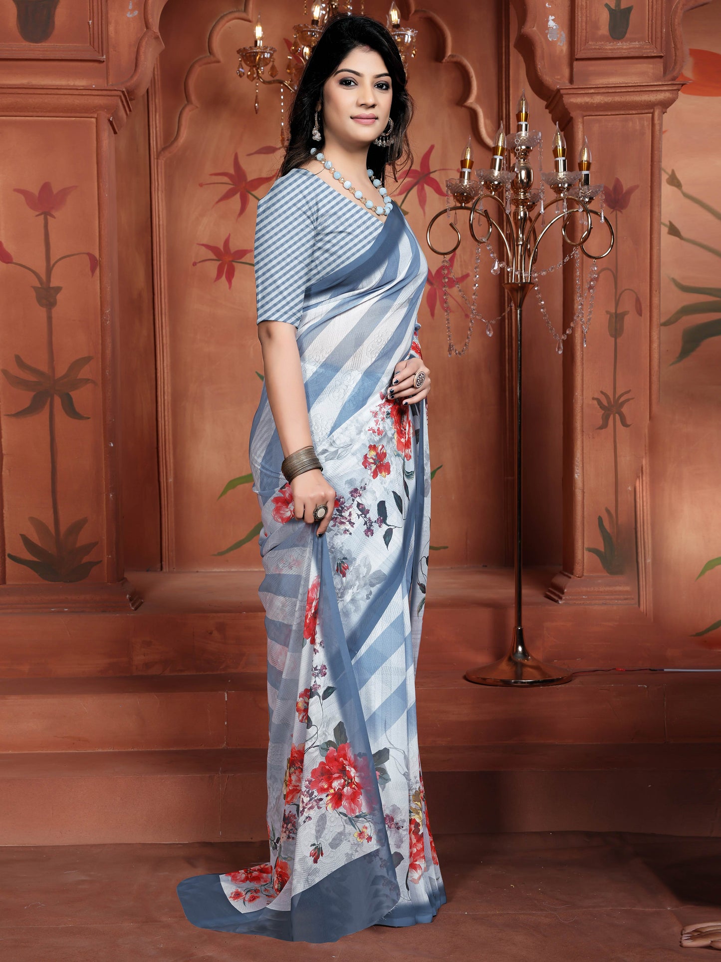 Blue Cyan Elegant Weightless Saree with Digital Floral Motifs