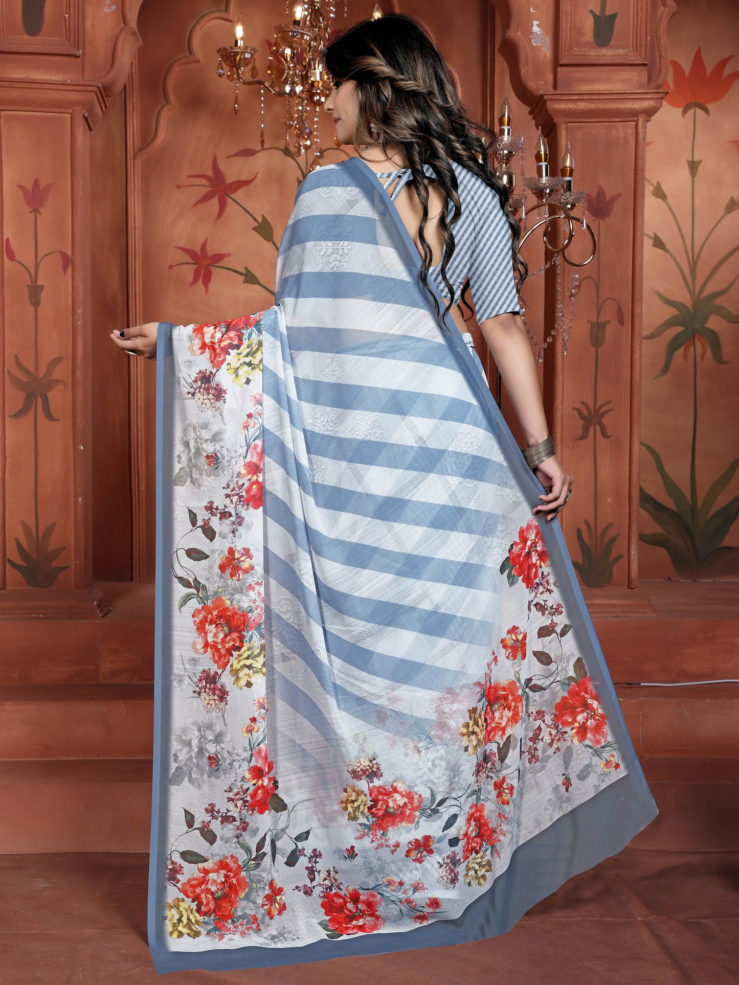 Blue Cyan Elegant Weightless Saree with Digital Floral Motifs