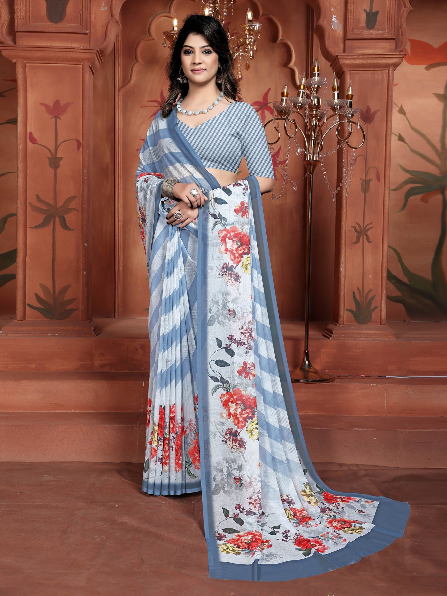 Blue Cyan Elegant Weightless Saree with Digital Floral Motifs