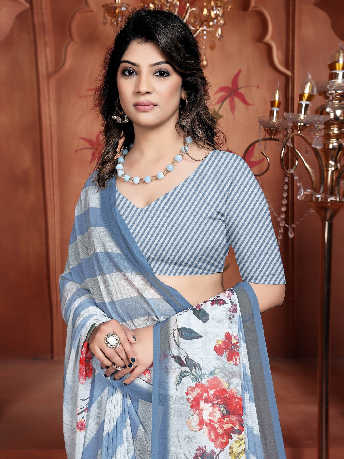 Blue Cyan Elegant Weightless Saree with Digital Floral Motifs