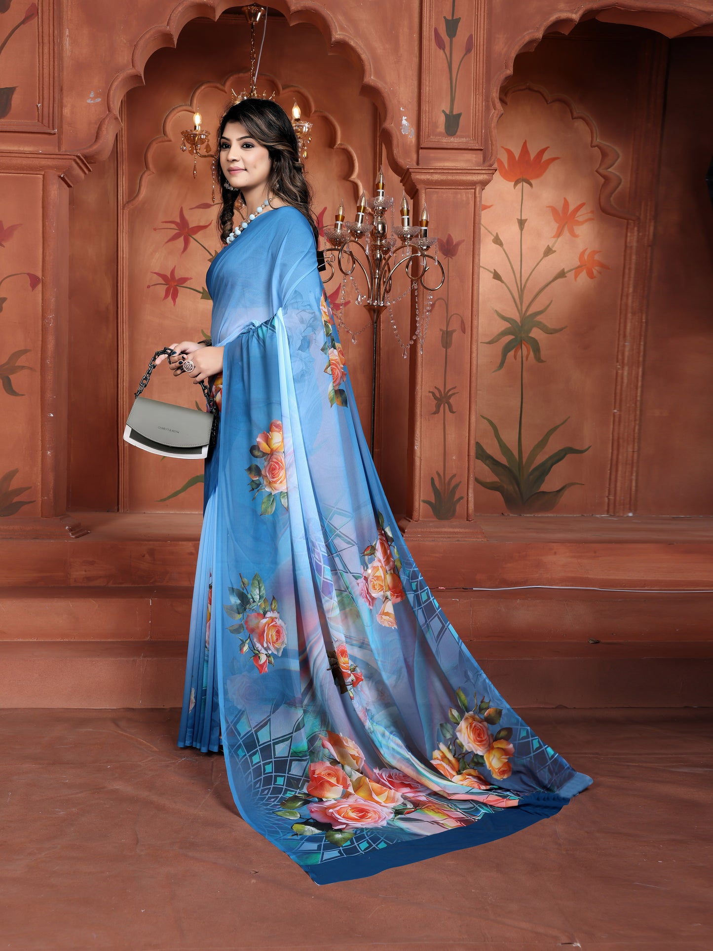 Trendy Blue Digital Floral Geometric Print Saree in Weightless Georgette