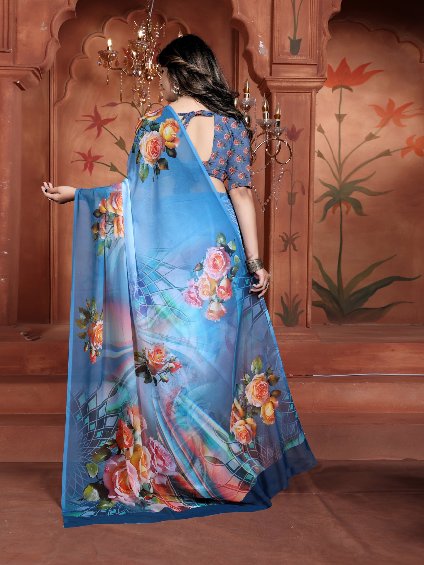 Trendy Blue Digital Floral Geometric Print Saree in Weightless Georgette