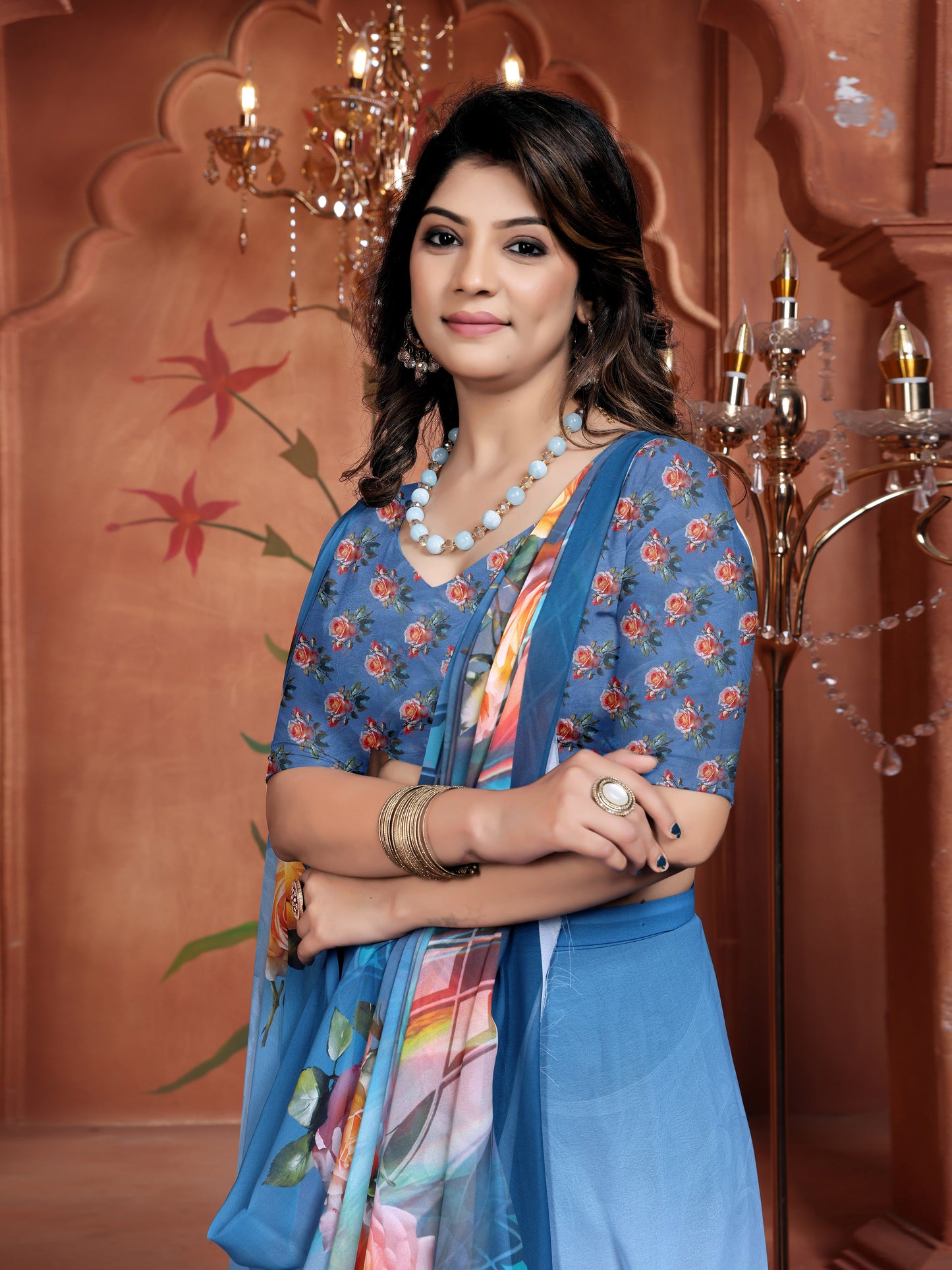 Trendy Blue Digital Floral Geometric Print Saree in Weightless Georgette