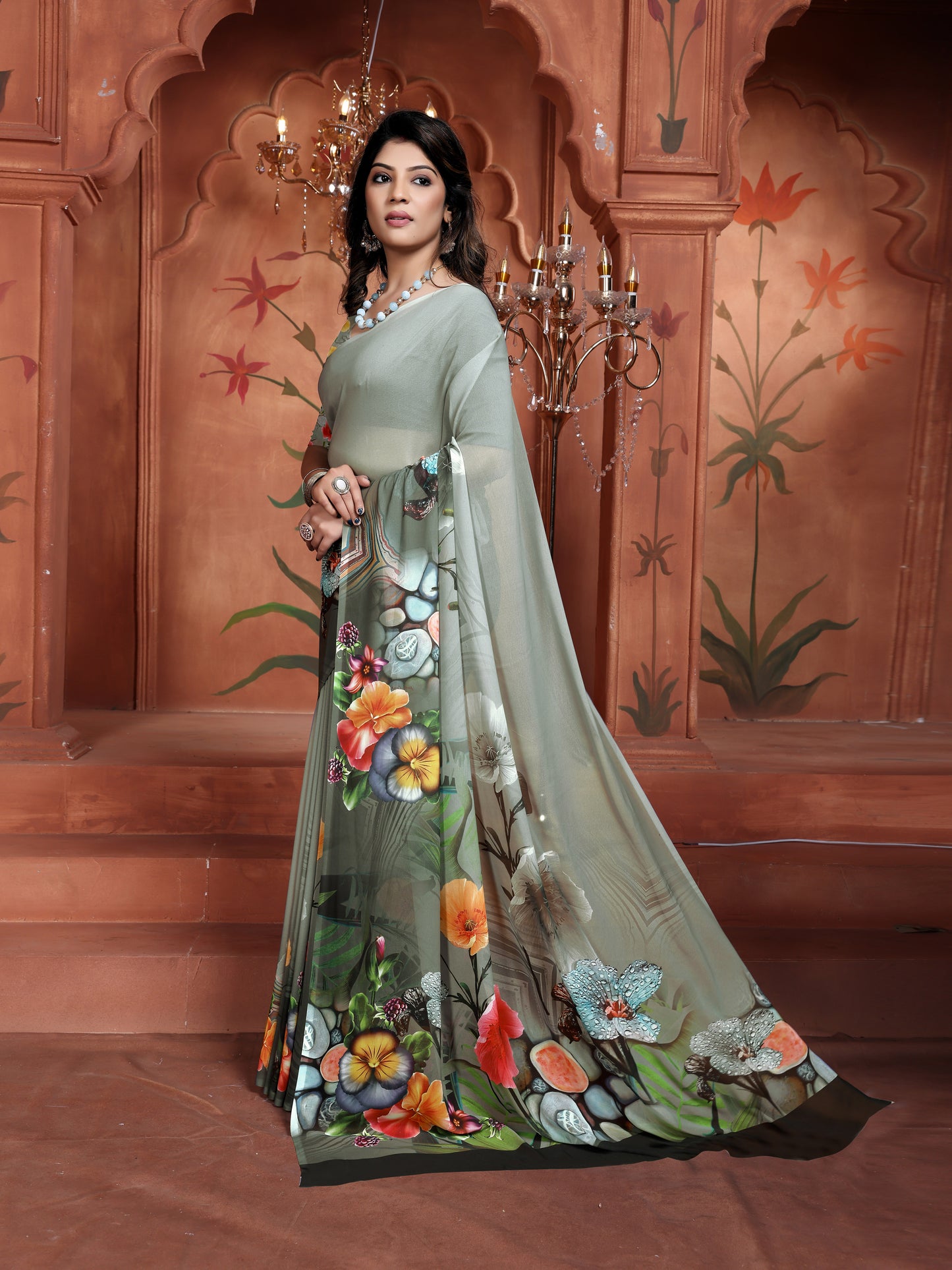 Grey Elegant Floral Printed Saree for Women Party Wear 2025 Trend