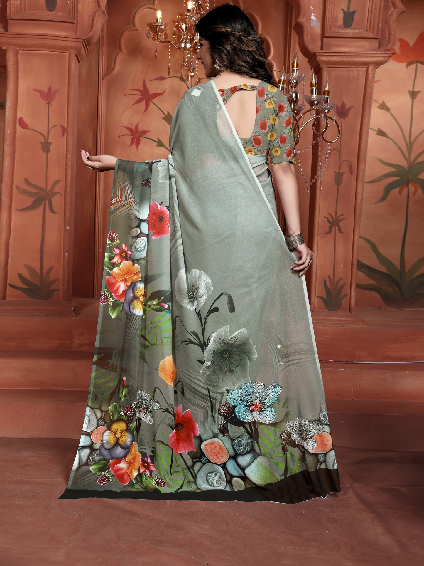 Grey Elegant Floral Printed Saree for Women Party Wear 2025 Trend
