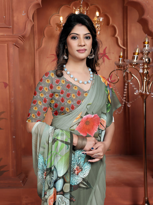 Grey Elegant Floral Printed Saree for Women Party Wear 2025 Trend