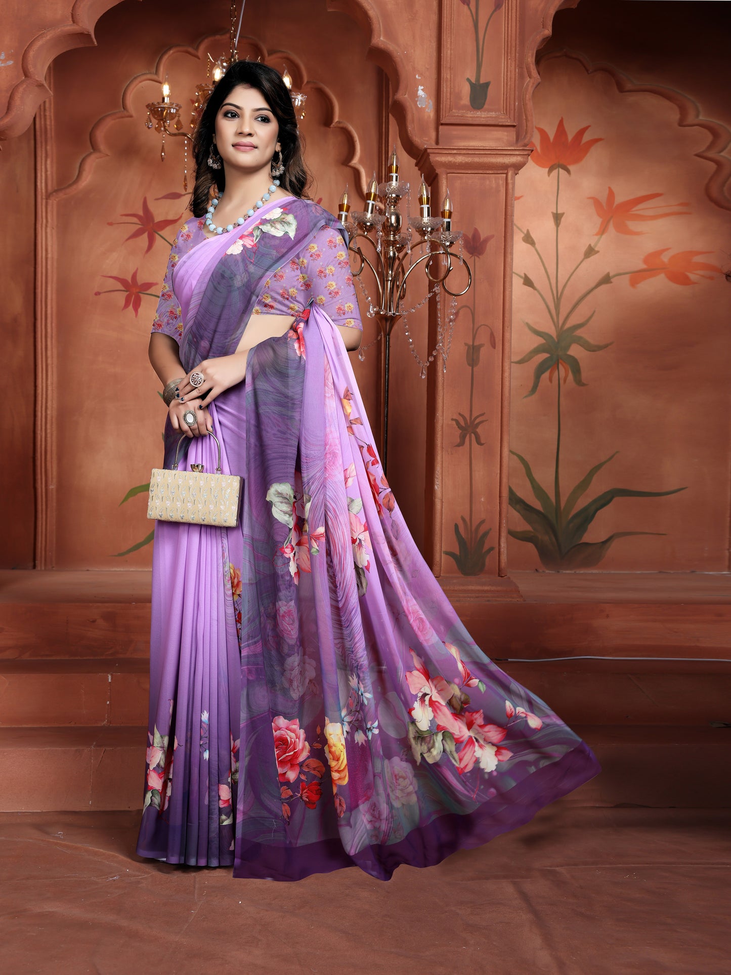 Trendy Casual Daily Wear Purple Floral Saree for Women
