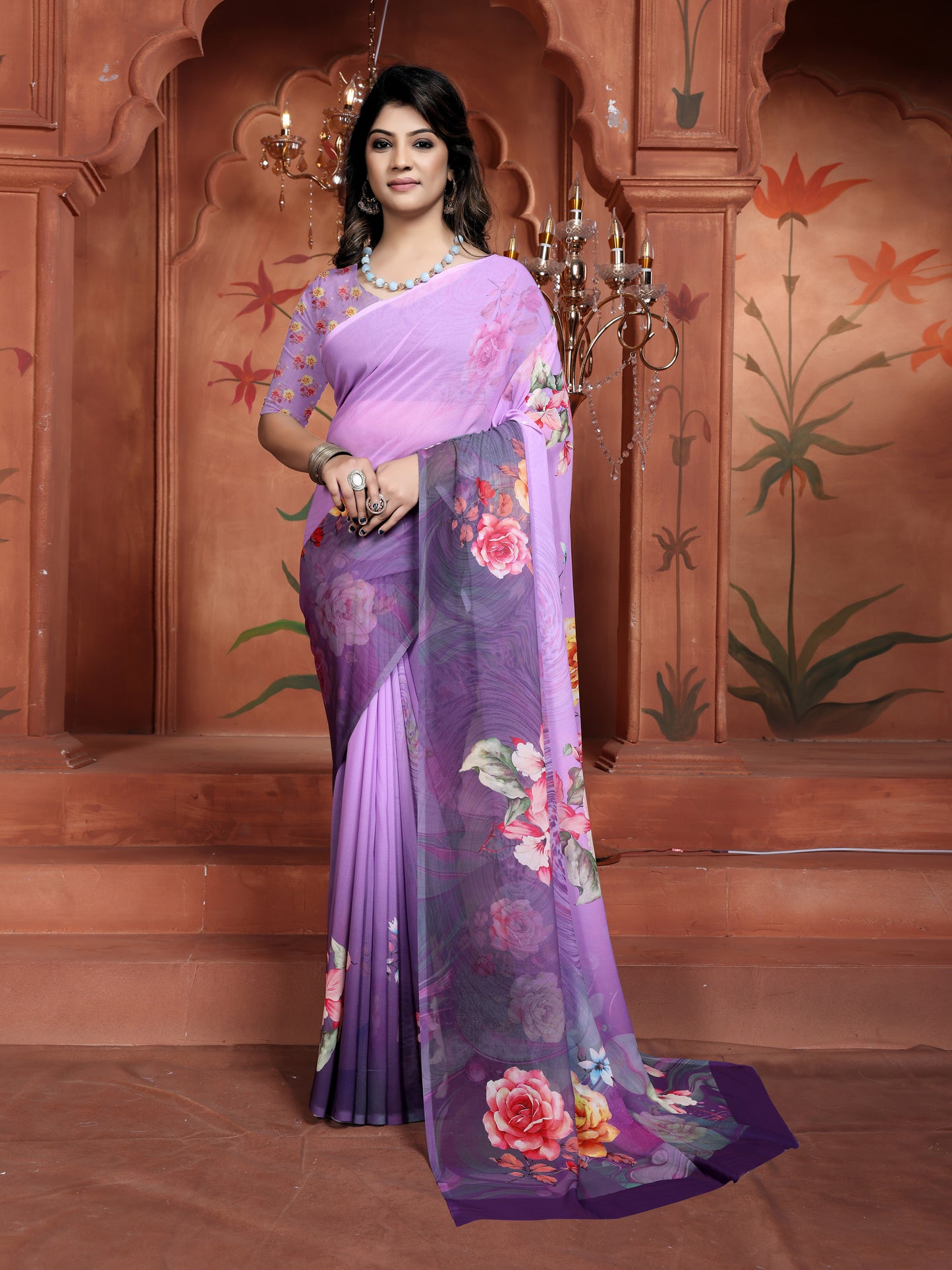Trendy Casual Daily Wear Purple Floral Saree for Women