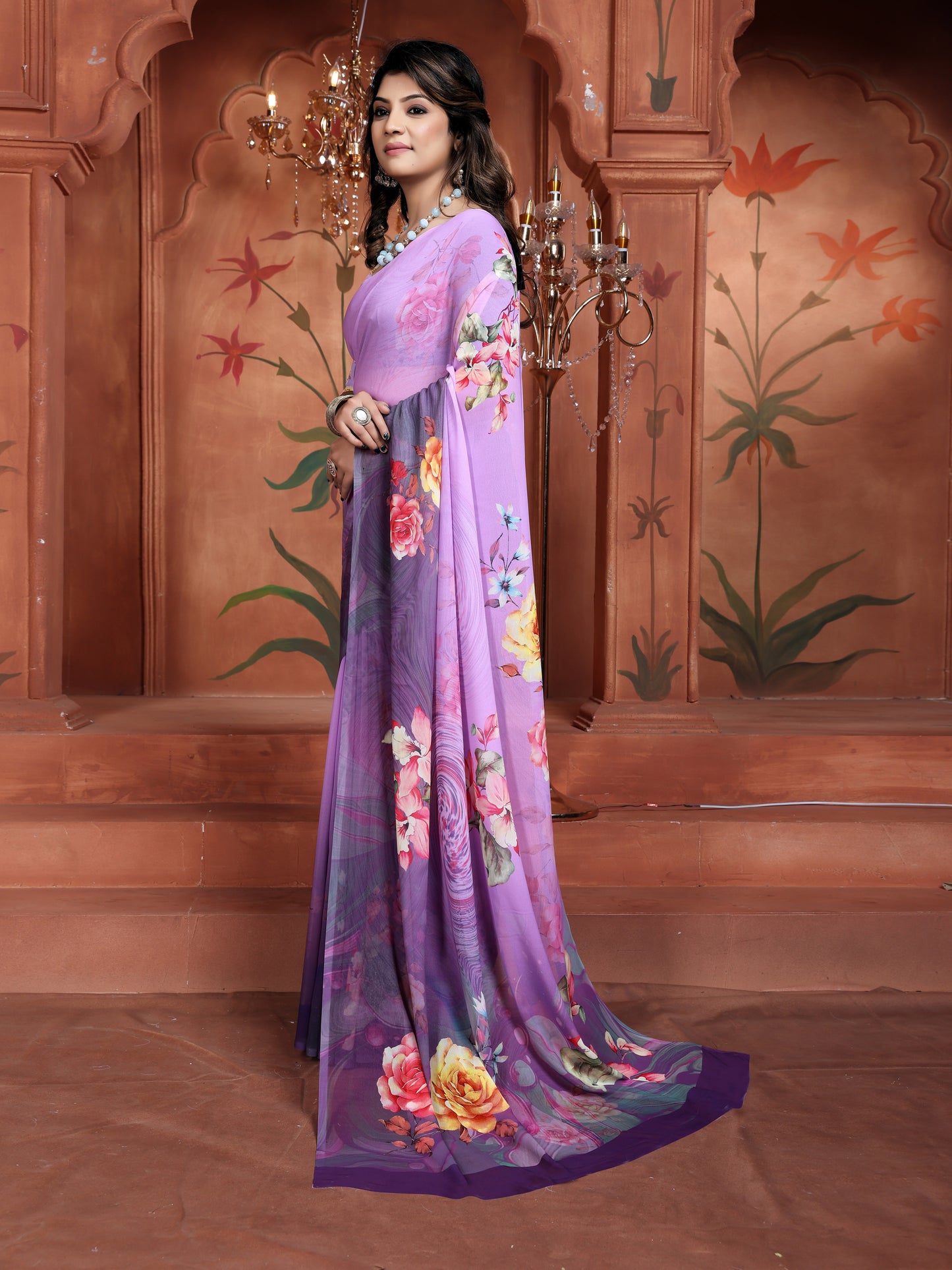 Trendy Casual Daily Wear Purple Floral Saree for Women
