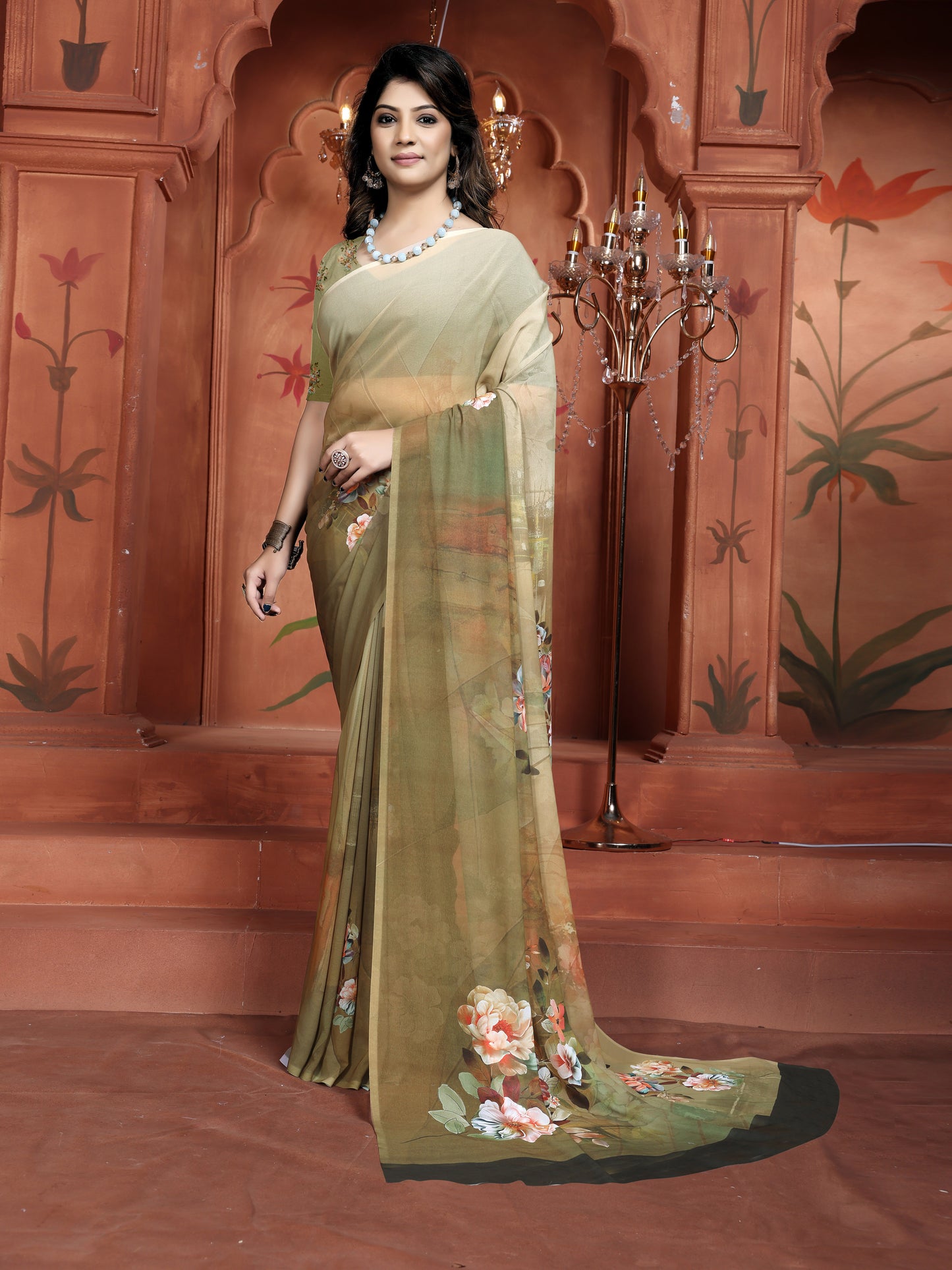 Elegant Green Floral Saree for Women - Designer Casual Daily Wear