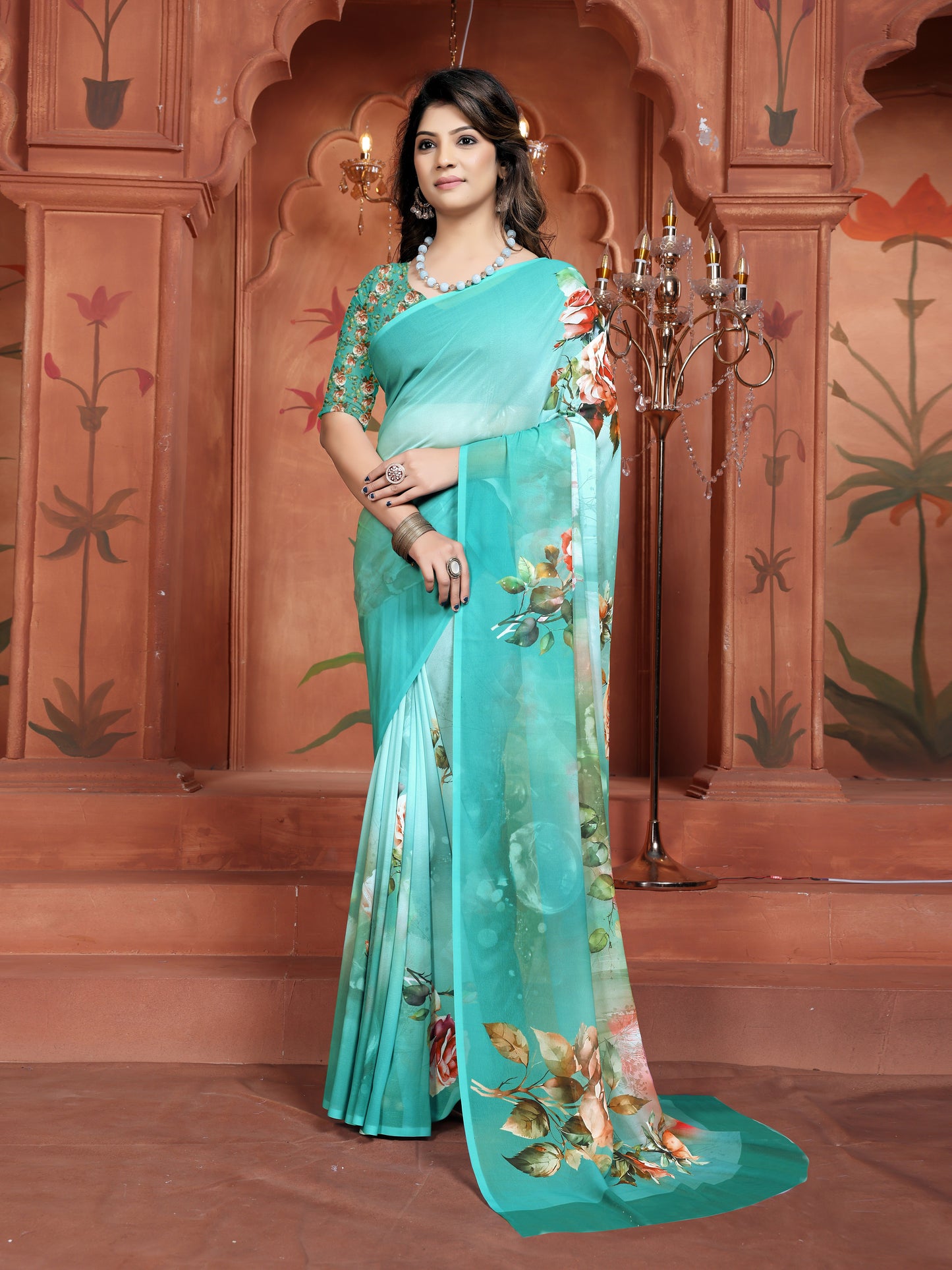 Trendy Floral Print Aqua Green Saree for Women | Elegant Ethnic Wear
