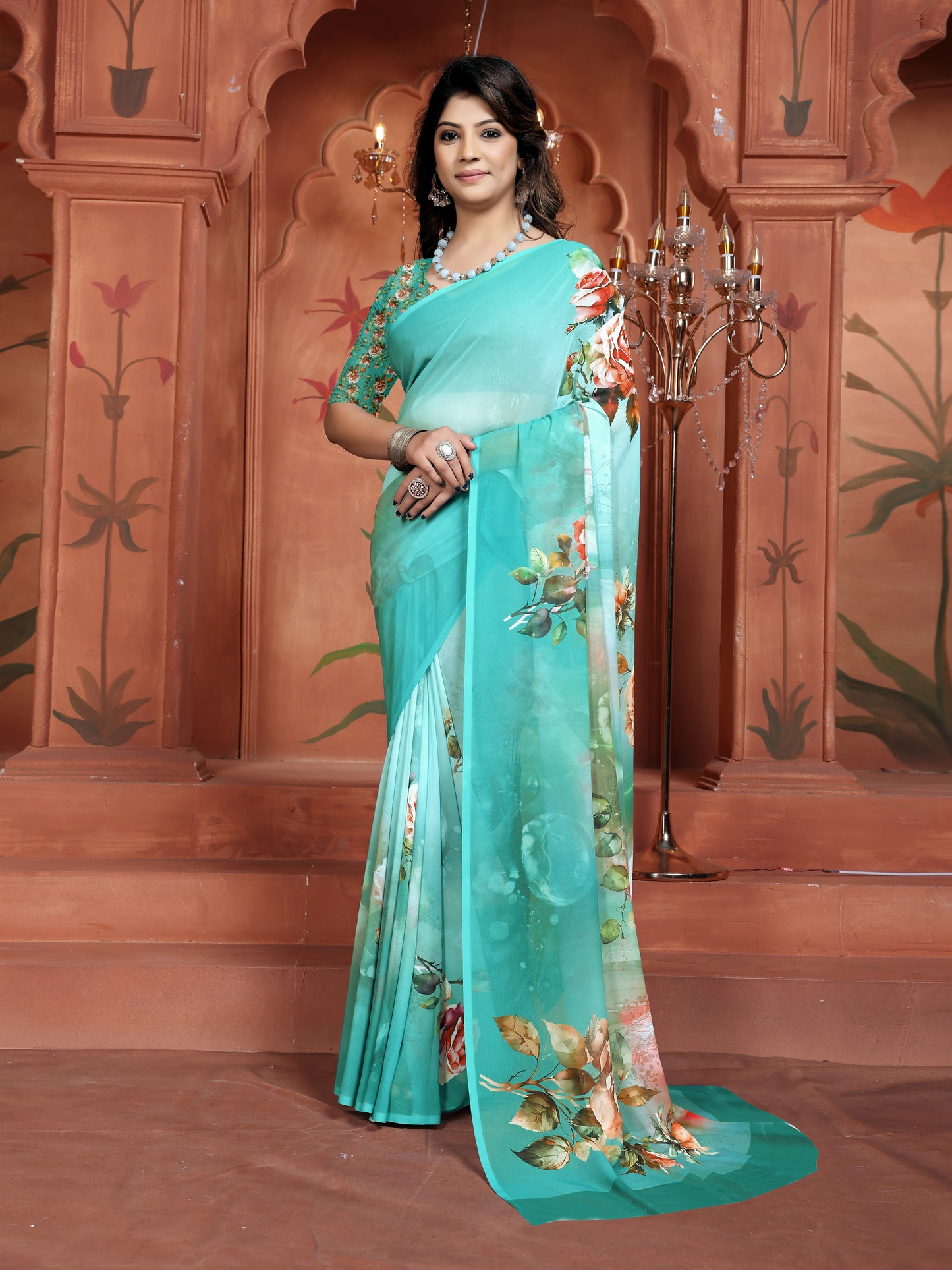Trendy Floral Print Aqua Green Saree for Women | Elegant Ethnic Wear
