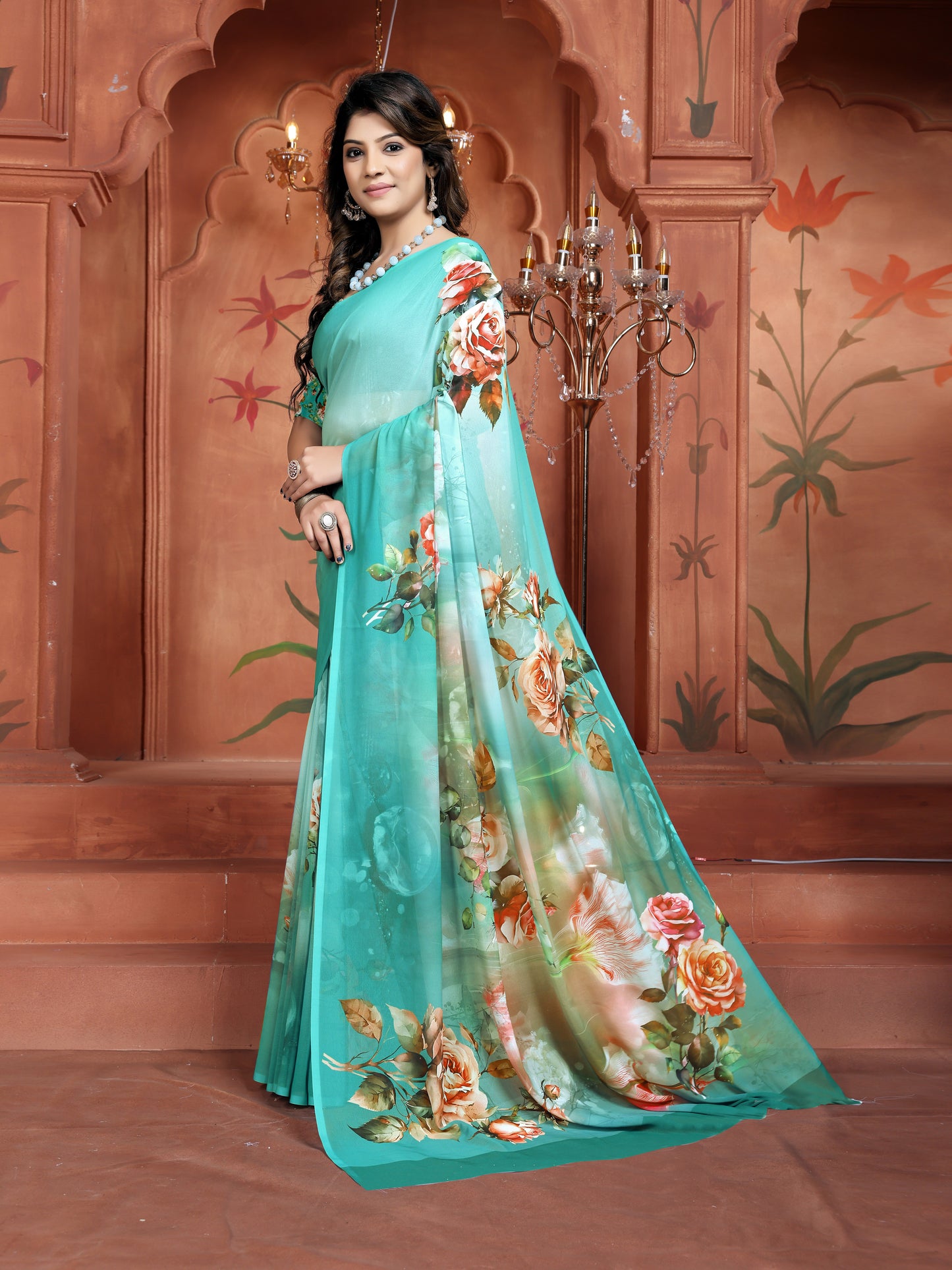 Trendy Floral Print Aqua Green Saree for Women | Elegant Ethnic Wear