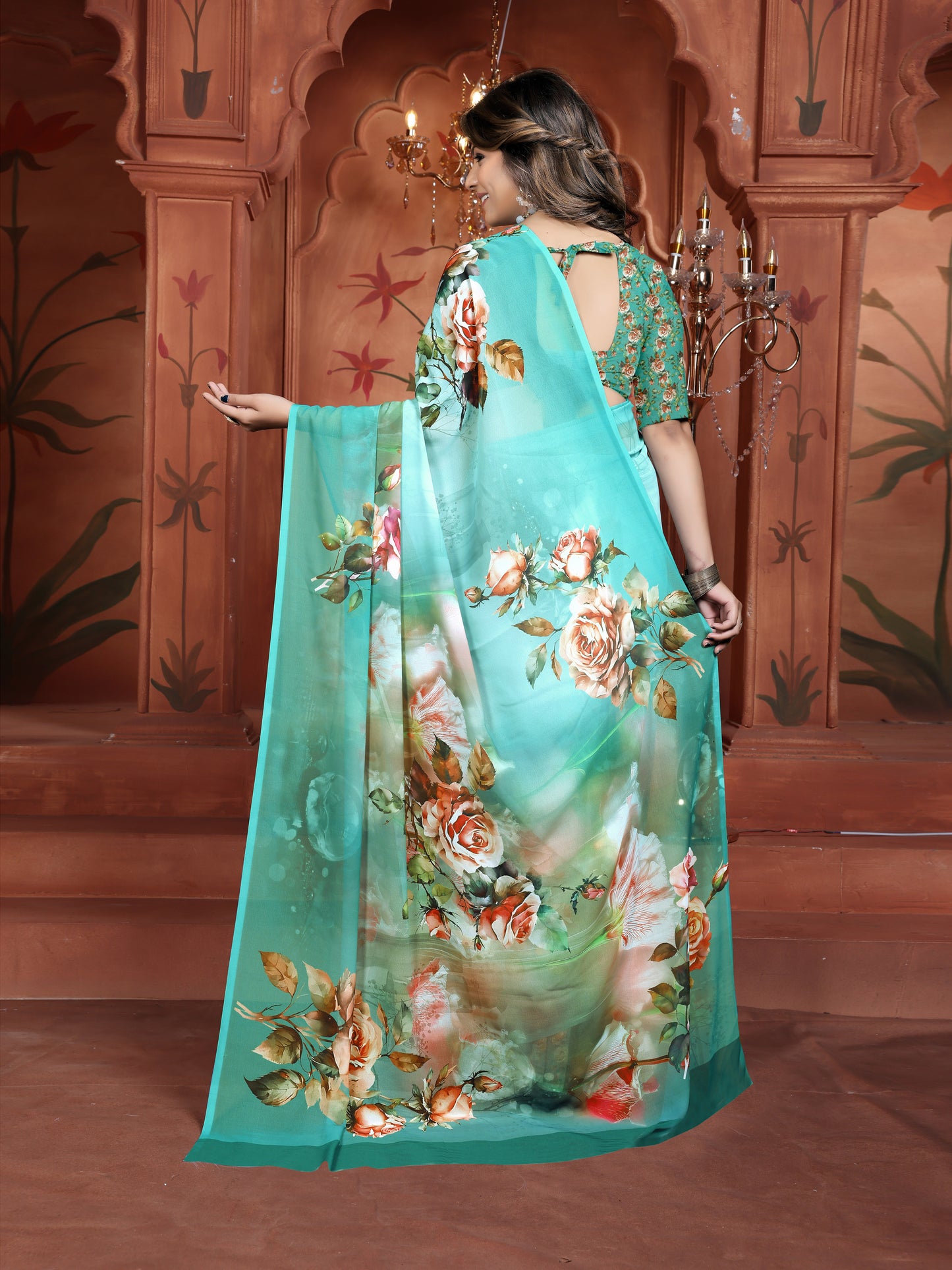 Trendy Floral Print Aqua Green Saree for Women | Elegant Ethnic Wear