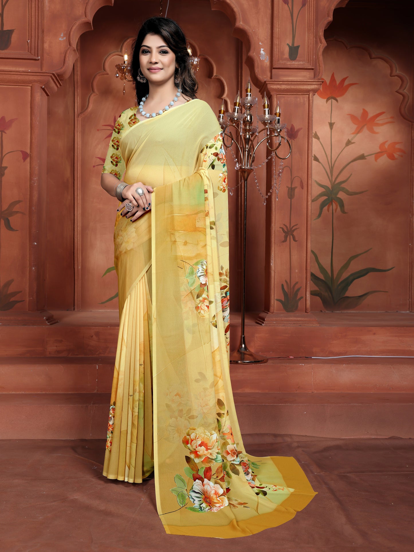 Trendy Yellow Floral Saree for Women – Lightweight Daily Wear