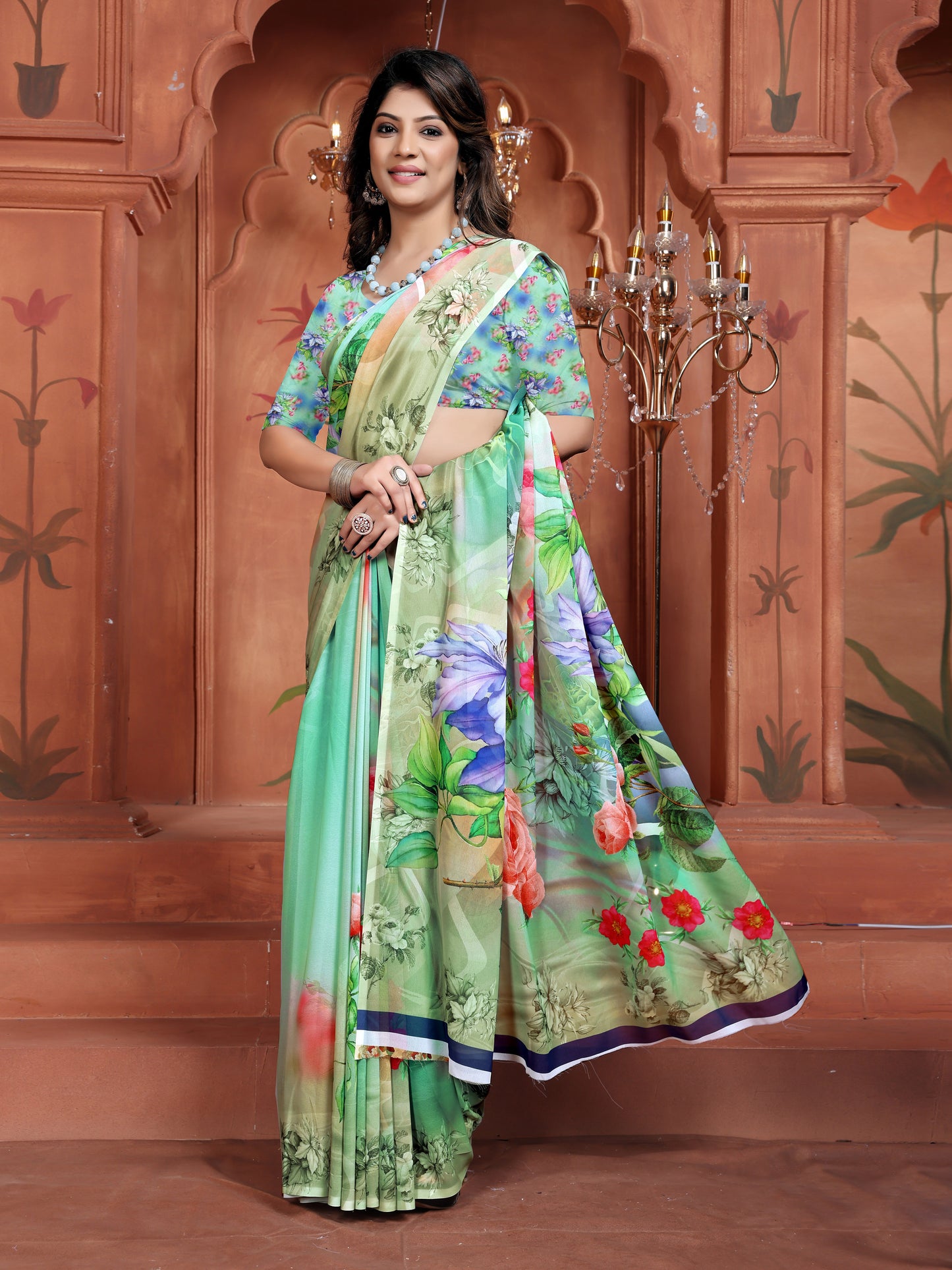 Floral Print Light Green Saree for Women | Trendy Casual Daily Wear