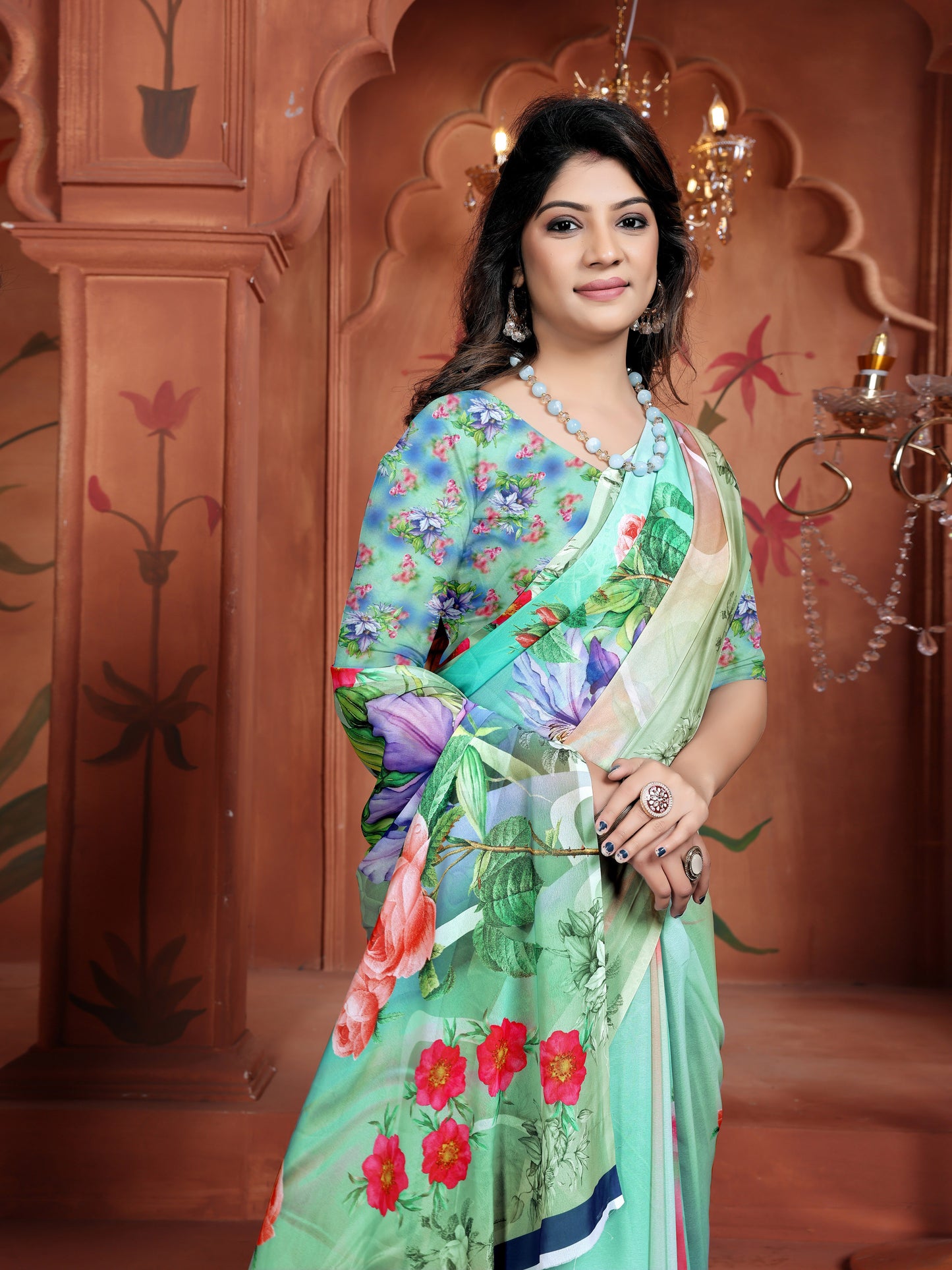 Floral Print Light Green Saree for Women | Trendy Casual Daily Wear