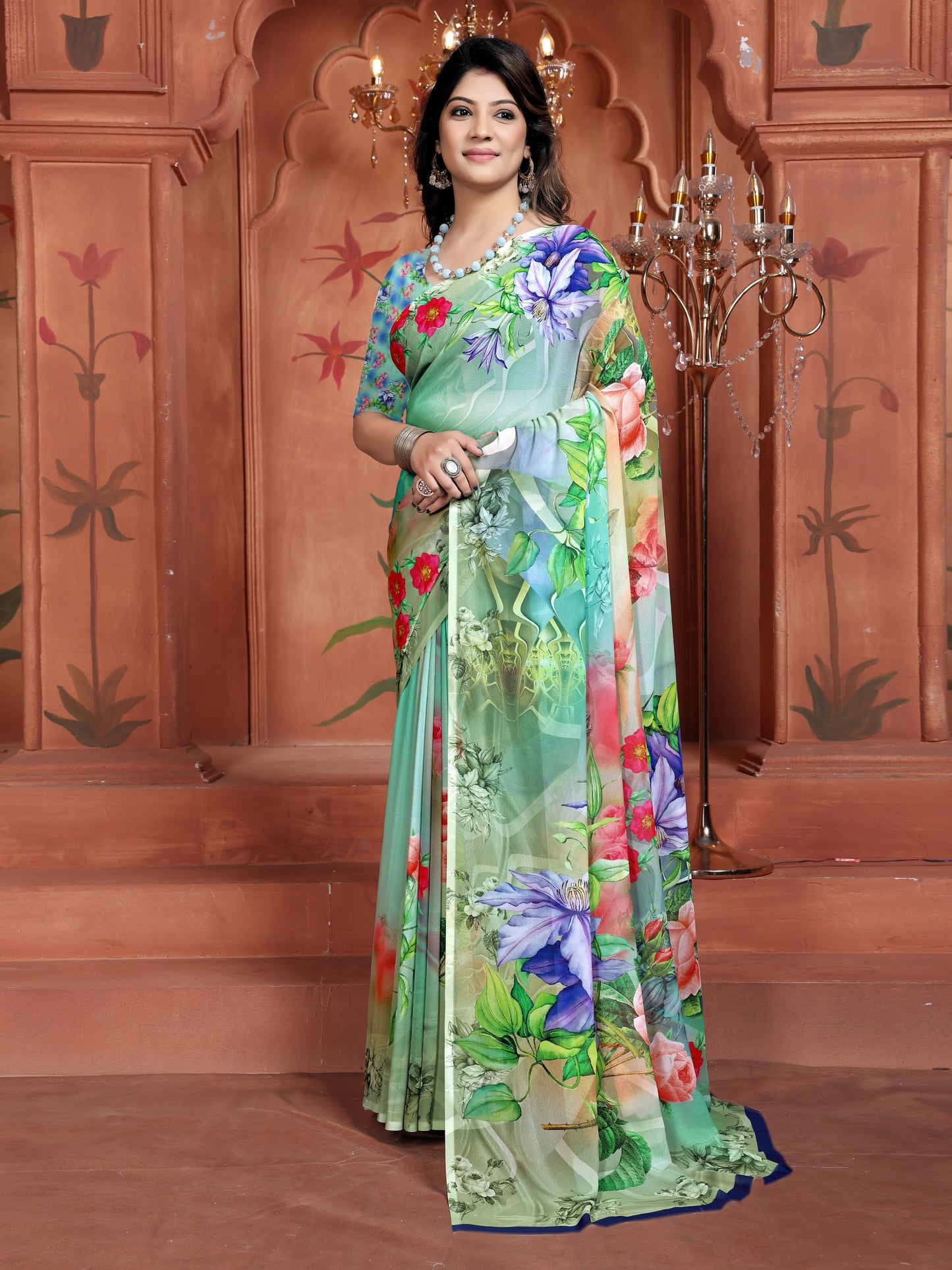 Floral Print Light Green Saree for Women | Trendy Casual Daily Wear