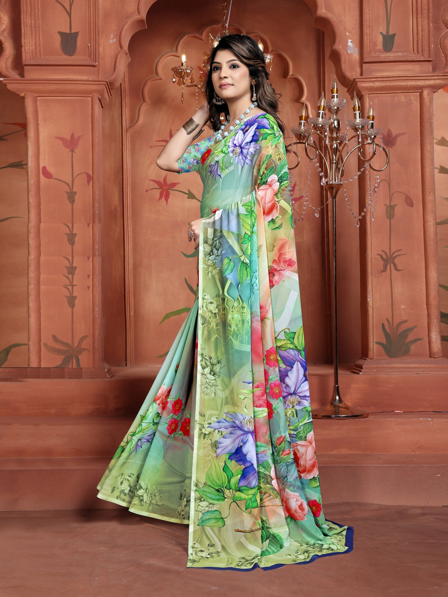 Floral Print Light Green Saree for Women | Trendy Casual Daily Wear