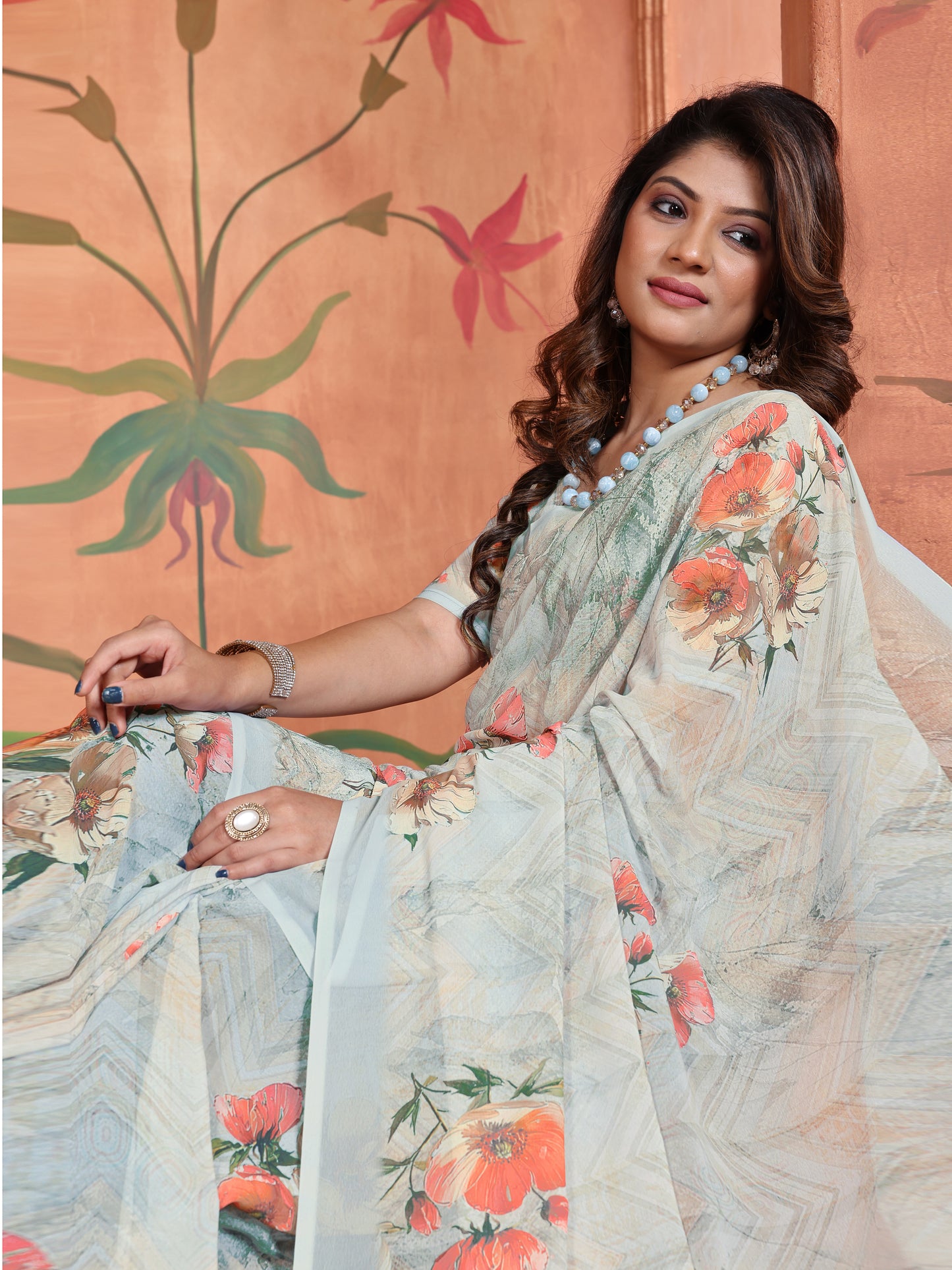 Elegant Light Grey Floral Printed Saree for Women - Latest Designer Trend