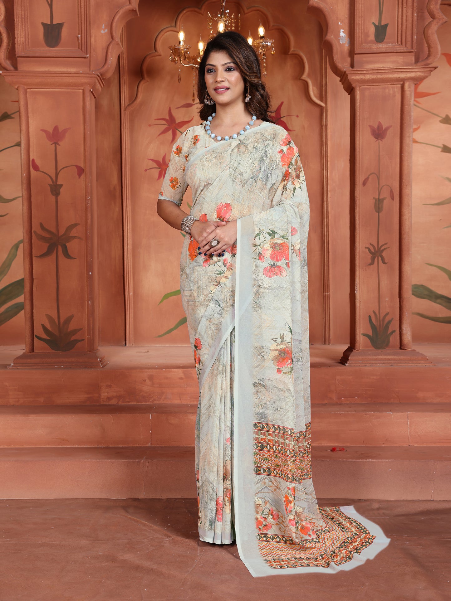 Elegant Light Grey Floral Printed Saree for Women - Latest Designer Trend