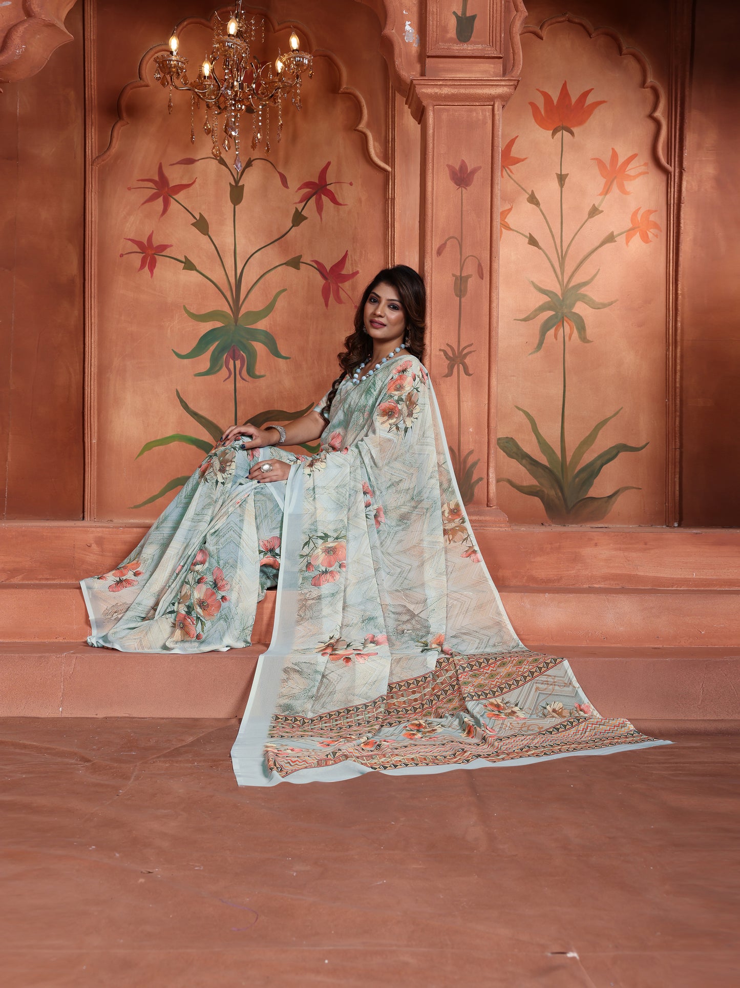 Elegant Light Grey Floral Printed Saree for Women - Latest Designer Trend