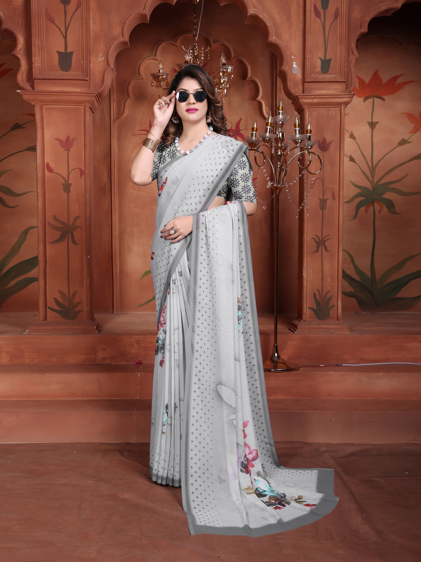 Elegant Grey Floral Printed Saree for Women - New 2025 Trend