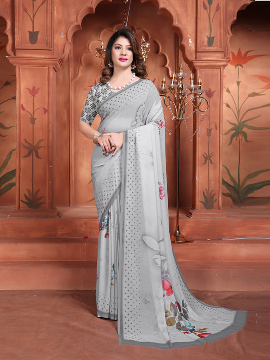 Elegant Grey Floral Printed Saree for Women - New 2025 Trend