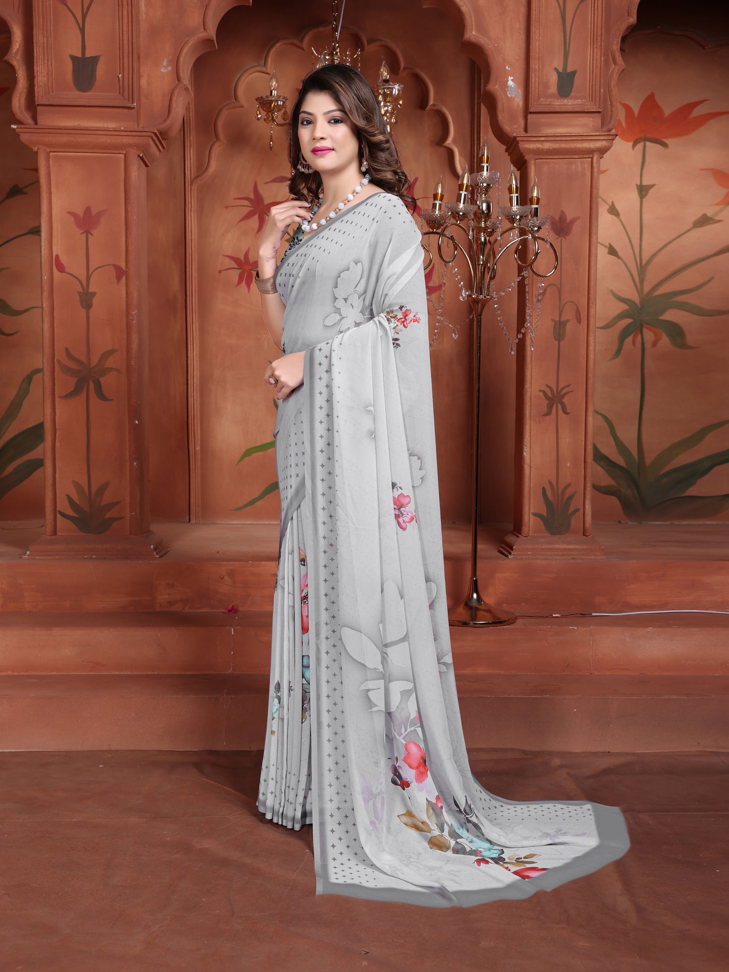Elegant Grey Floral Printed Saree for Women - New 2025 Trend