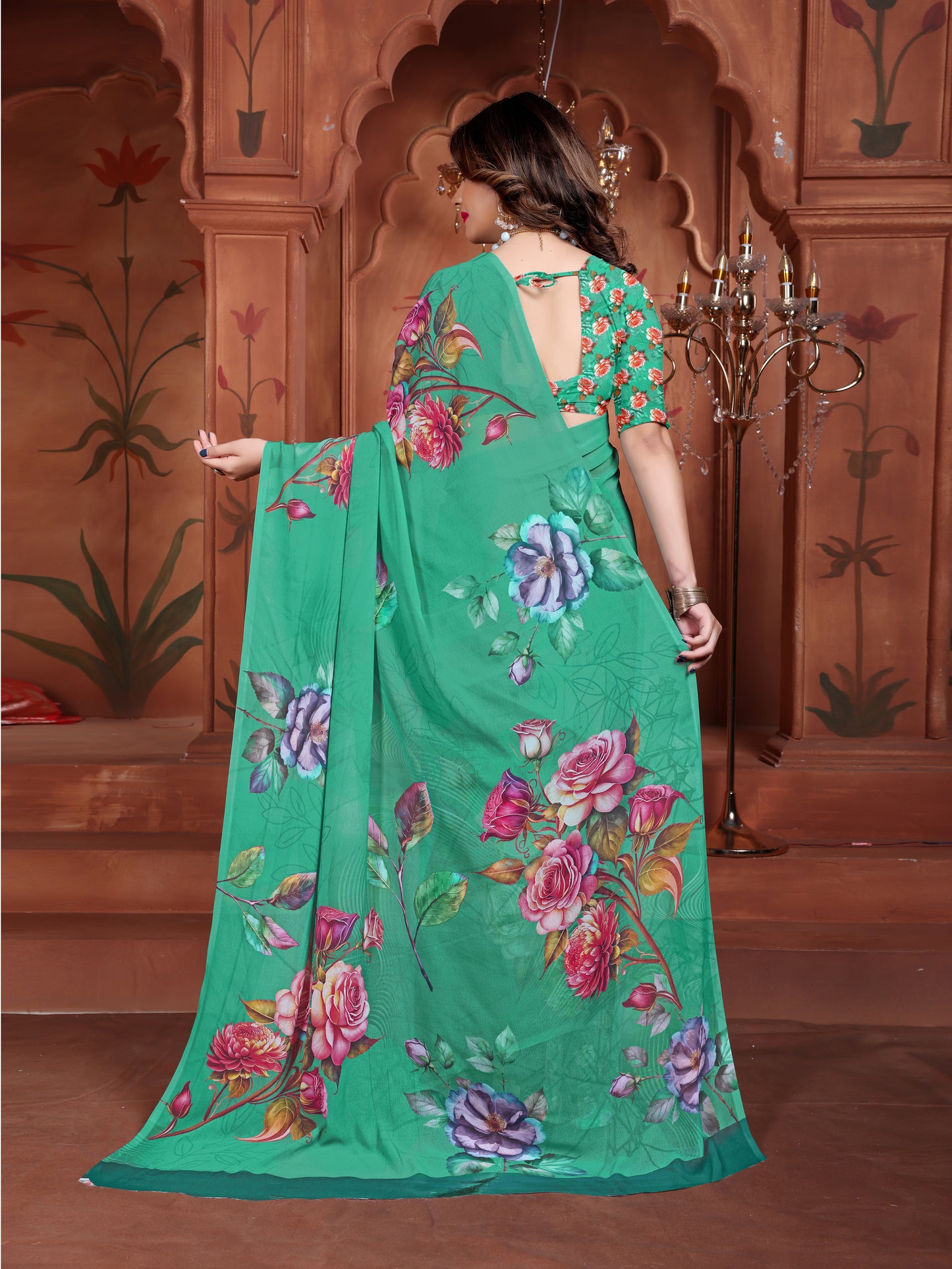 Elegant Cyan Green Floral Saree for Women - Latest Daily Wear Trend