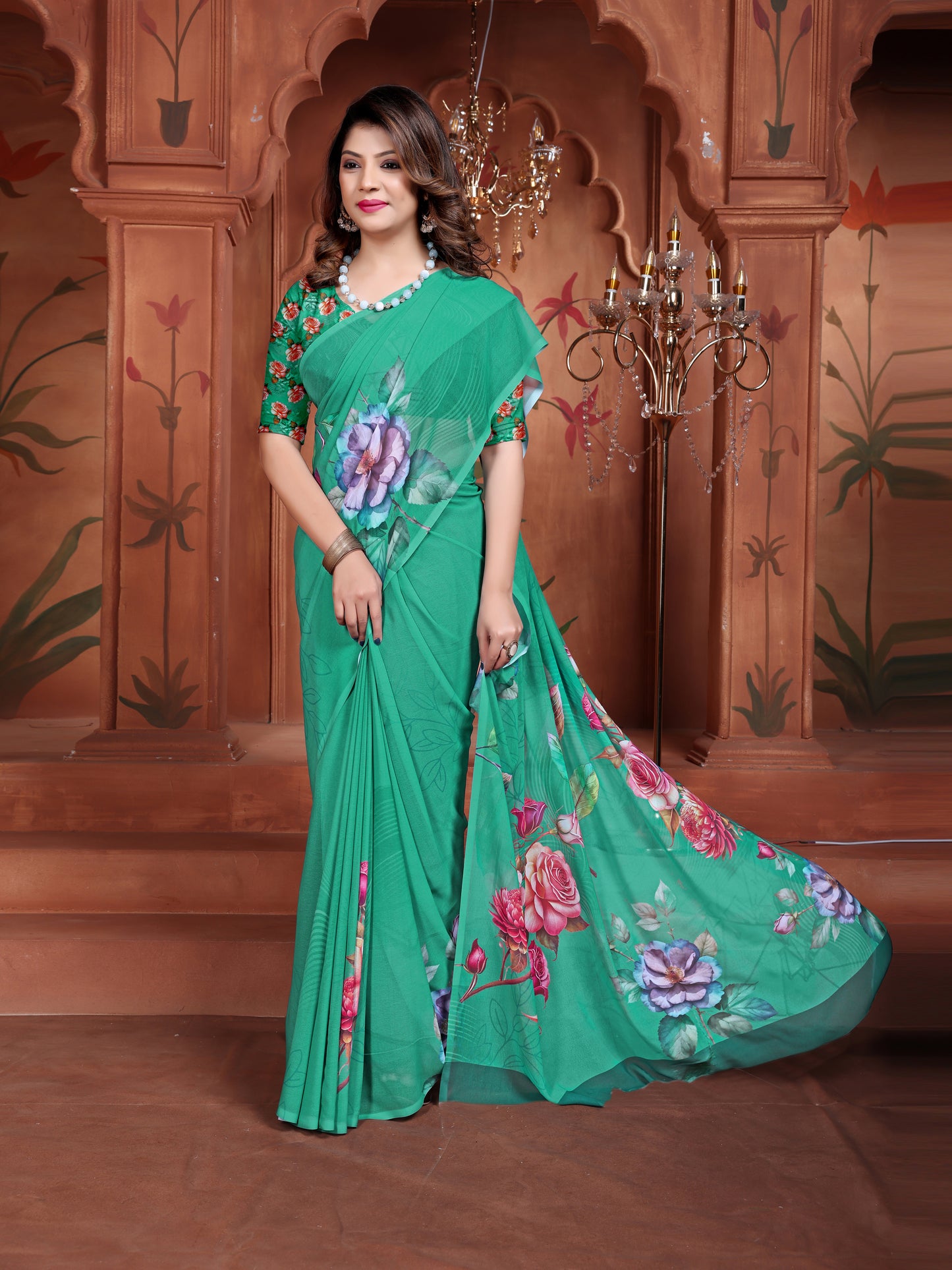 Elegant Cyan Green Floral Saree for Women - Latest Daily Wear Trend