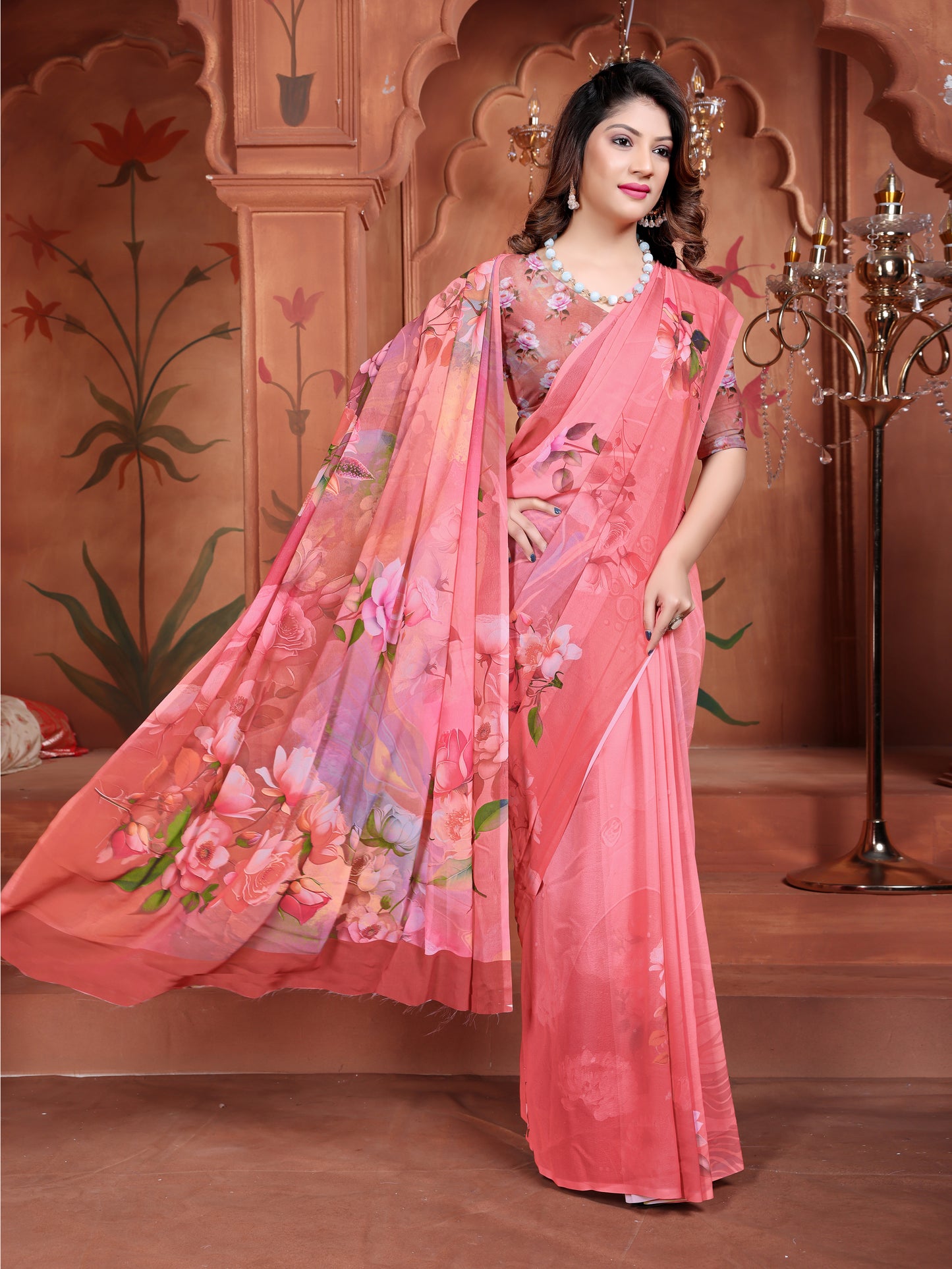 Floral Pink Georgette Saree for Women – Trendy Daily Wear 2025