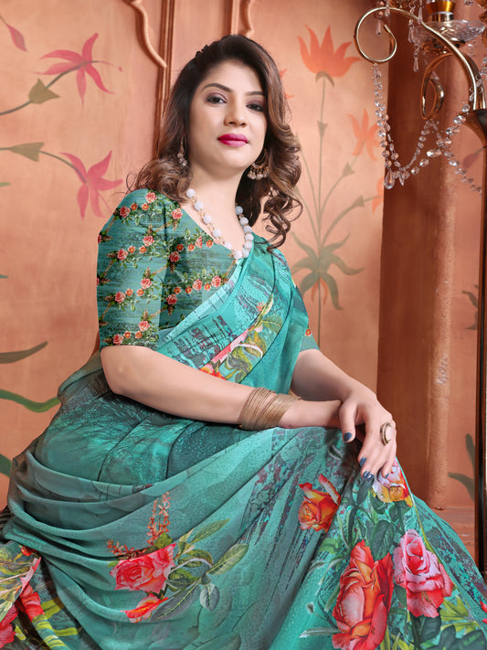 Elegant Floral Cyan Green Casual Saree for Women