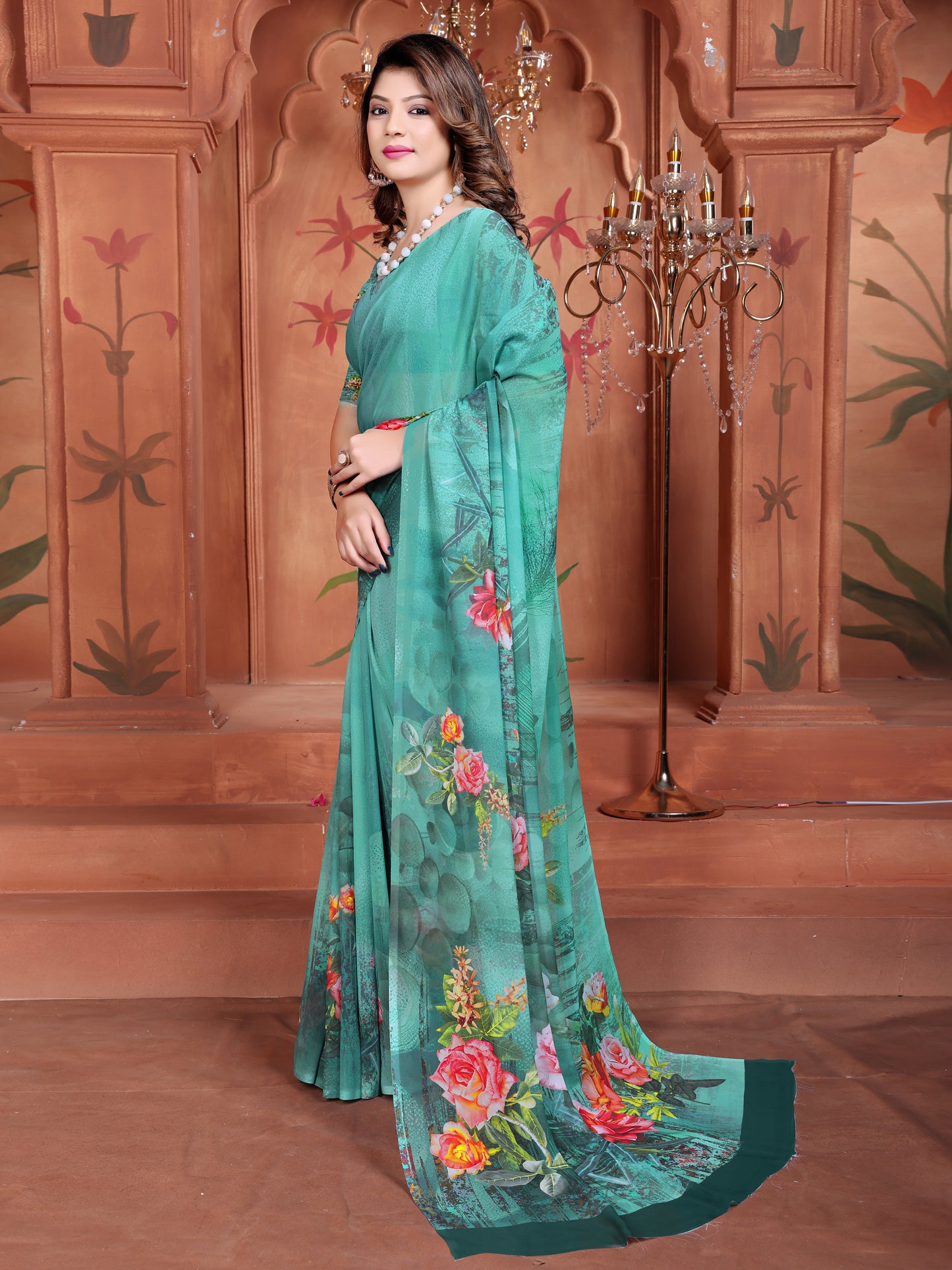 Elegant Floral Cyan Green Casual Saree for Women