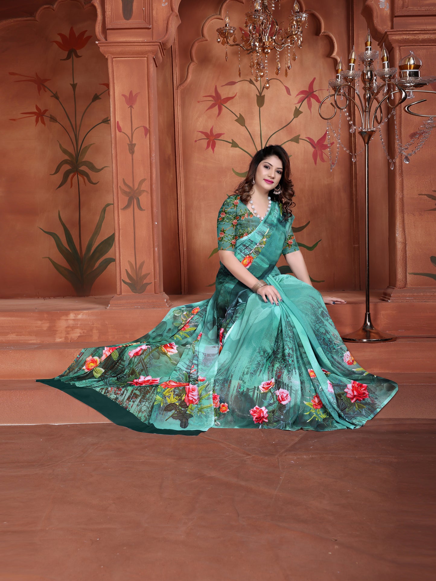 Elegant Floral Cyan Green Casual Saree for Women
