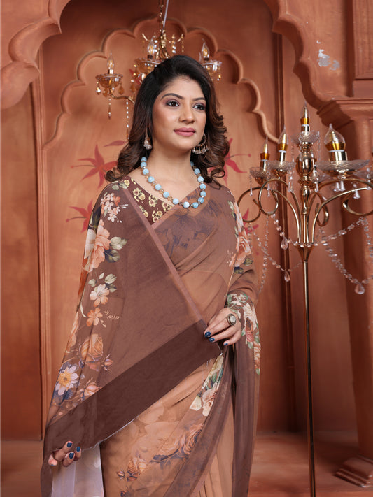 Trendy Floral Saree Online | Brown Georgette Designer Saree 2025