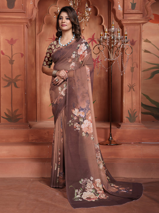 Trendy Floral Saree Online | Brown Georgette Designer Saree 2025