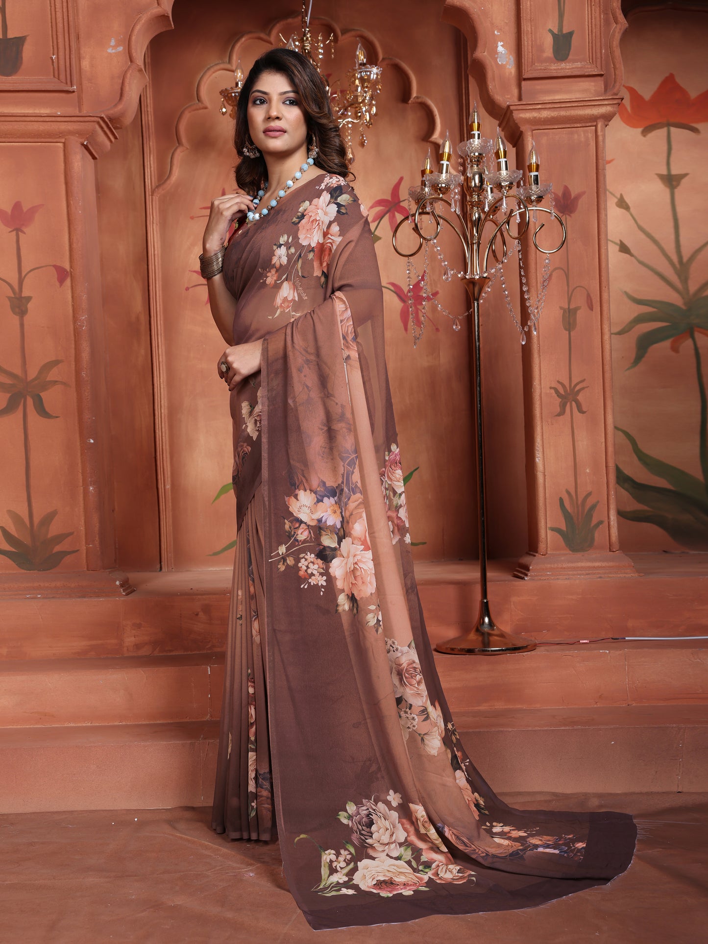 Trendy Floral Saree Online | Brown Georgette Designer Saree 2025