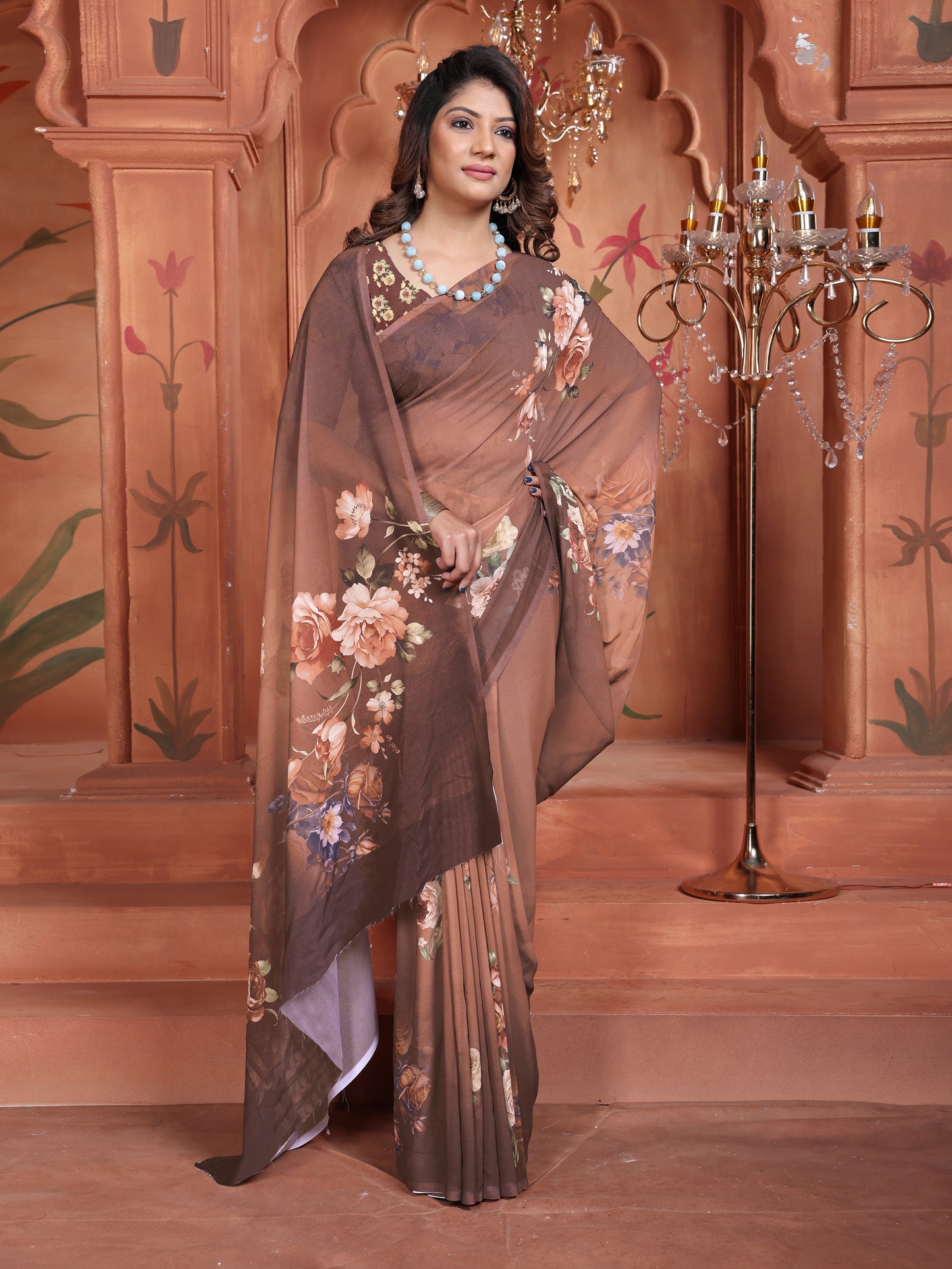 Trendy Floral Saree Online | Brown Georgette Designer Saree 2025