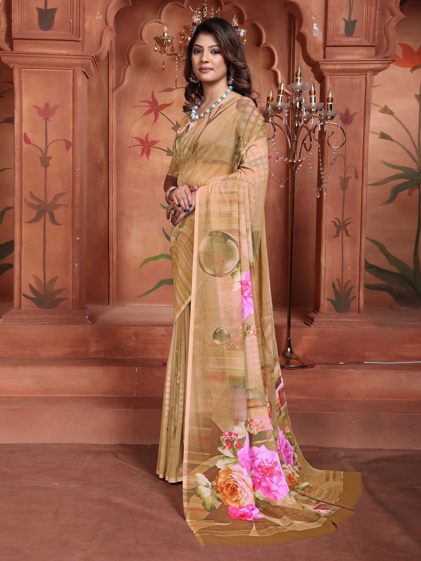 Brown Floral Printed Georgette Saree for Women | Shop New Trends