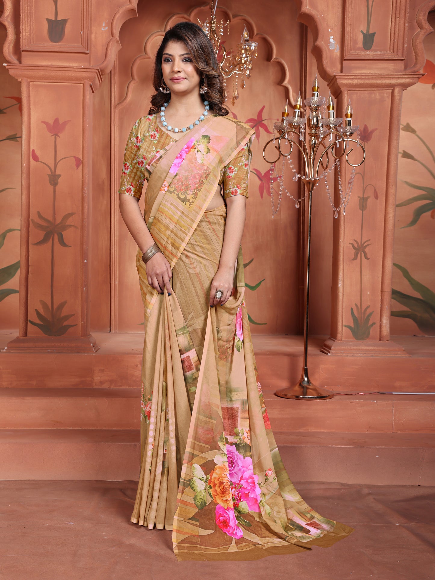 Brown Floral Printed Georgette Saree for Women | Shop New Trends