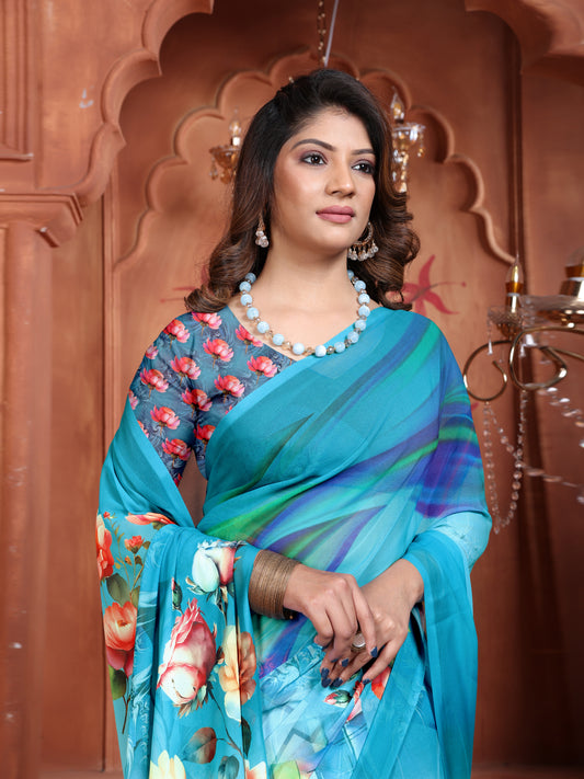 Trendy Blue Floral Saree for Women – Elegant Ethnic Wear 2025