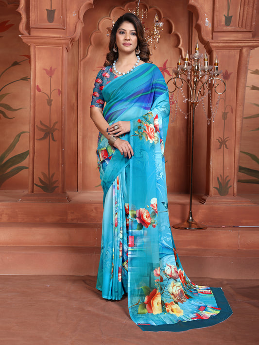 Trendy Blue Floral Saree for Women – Elegant Ethnic Wear 2025