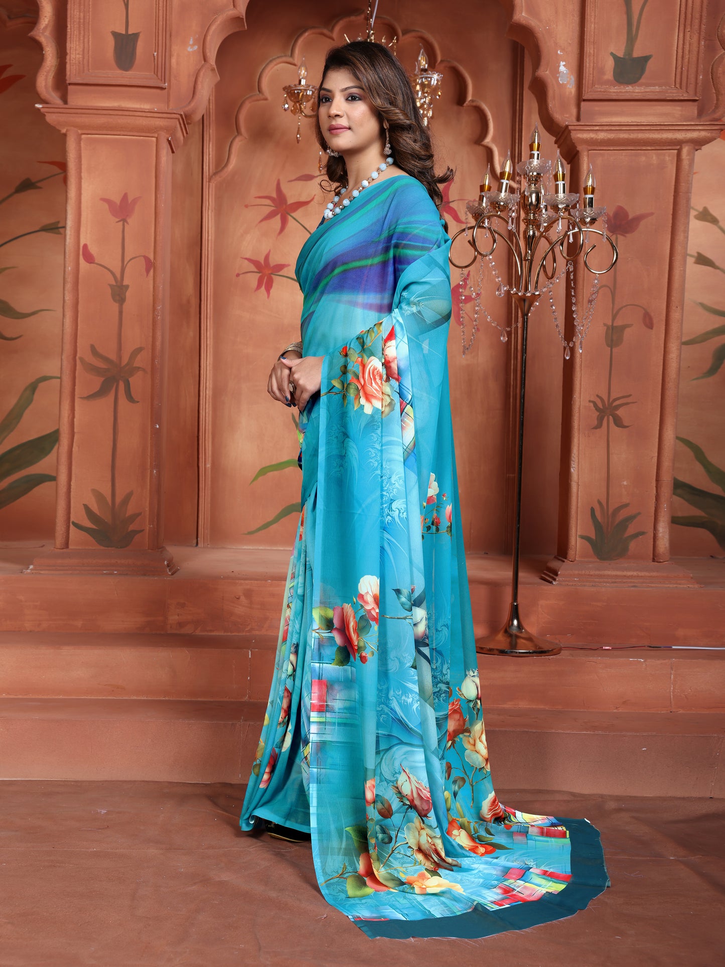 Trendy Blue Floral Saree for Women – Elegant Ethnic Wear 2025