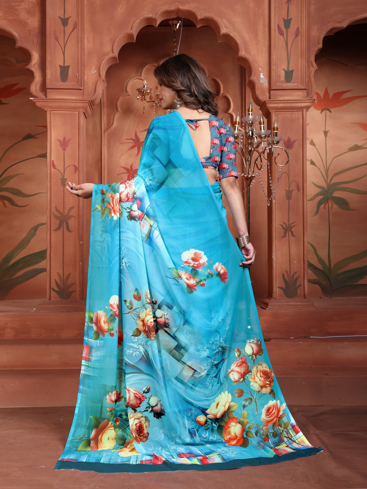 Trendy Blue Floral Saree for Women – Elegant Ethnic Wear 2025