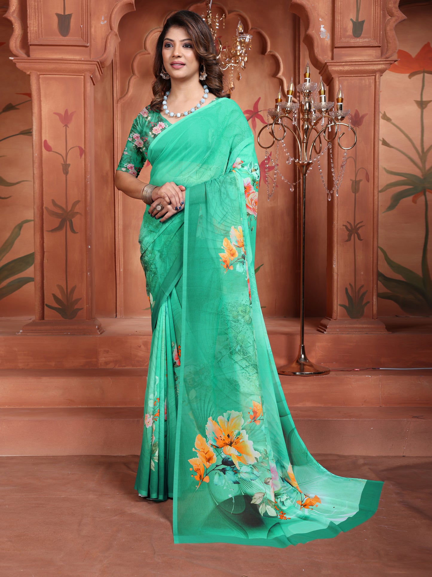 Trendy Green Floral Saree for Women – Elegant Daily Wear 2025