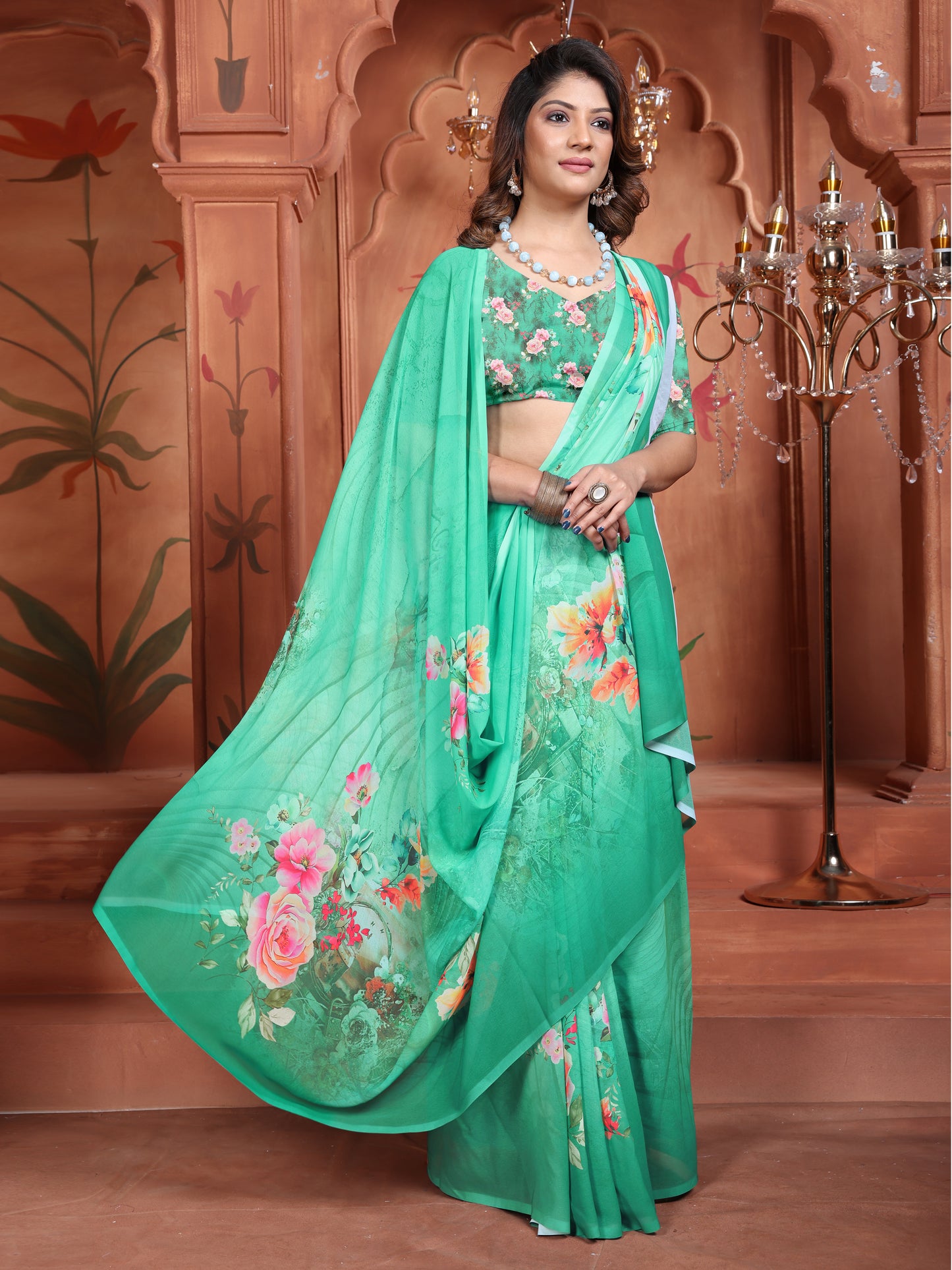 Trendy Green Floral Saree for Women – Elegant Daily Wear 2025
