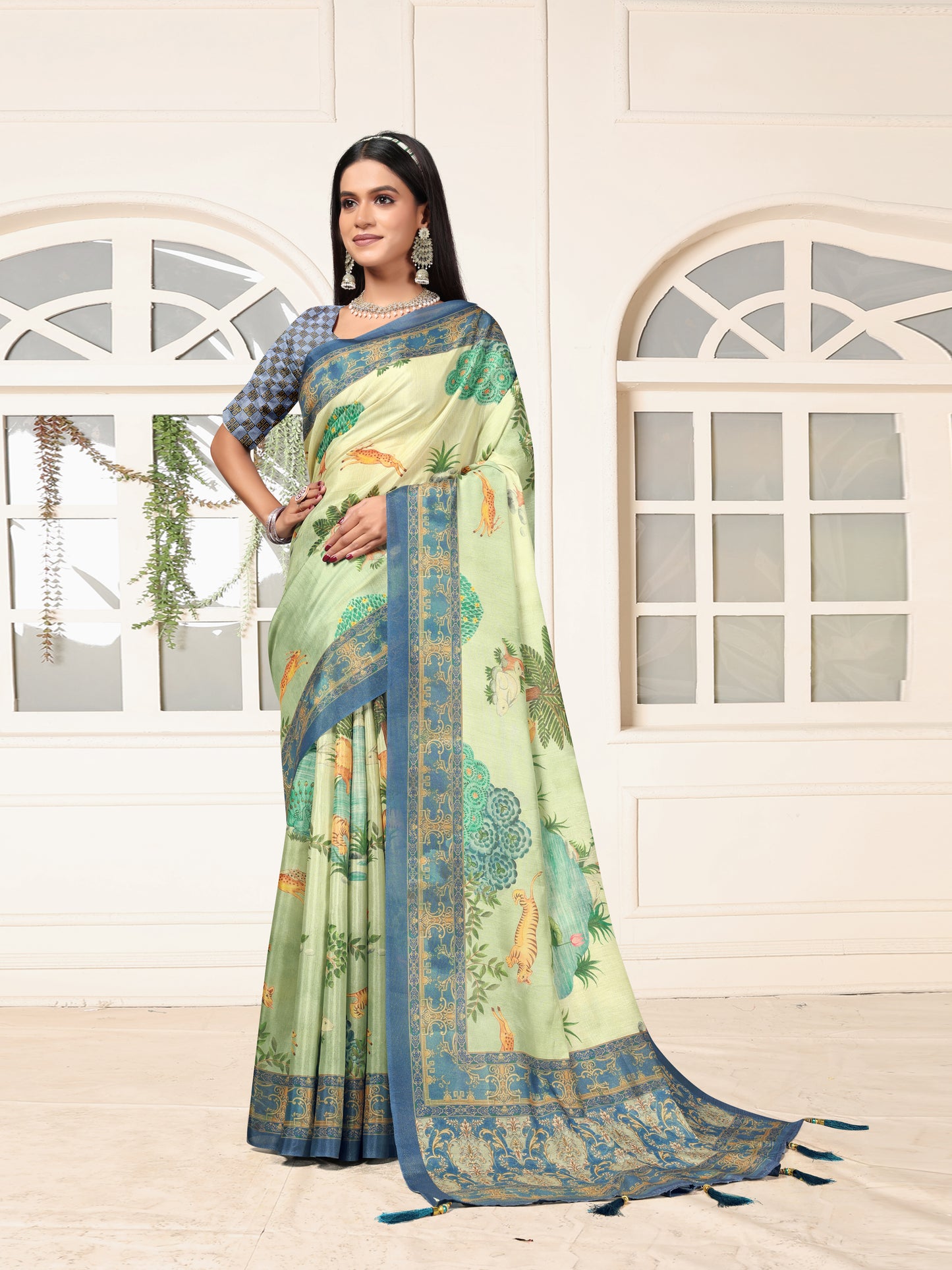 Pastel Green Designer Dolla Silk Saree with Blue Border