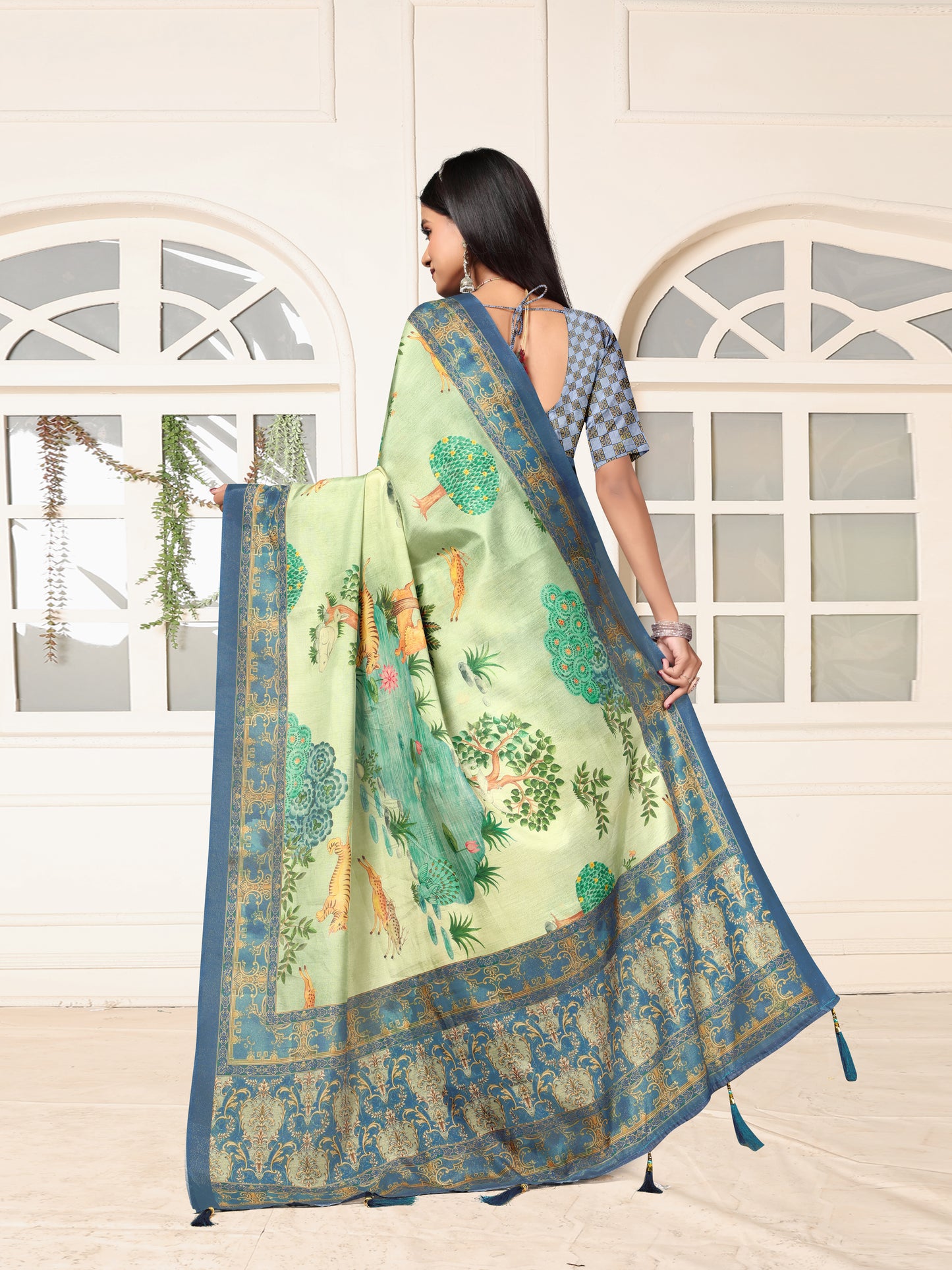 Pastel Green Designer Dolla Silk Saree with Blue Border