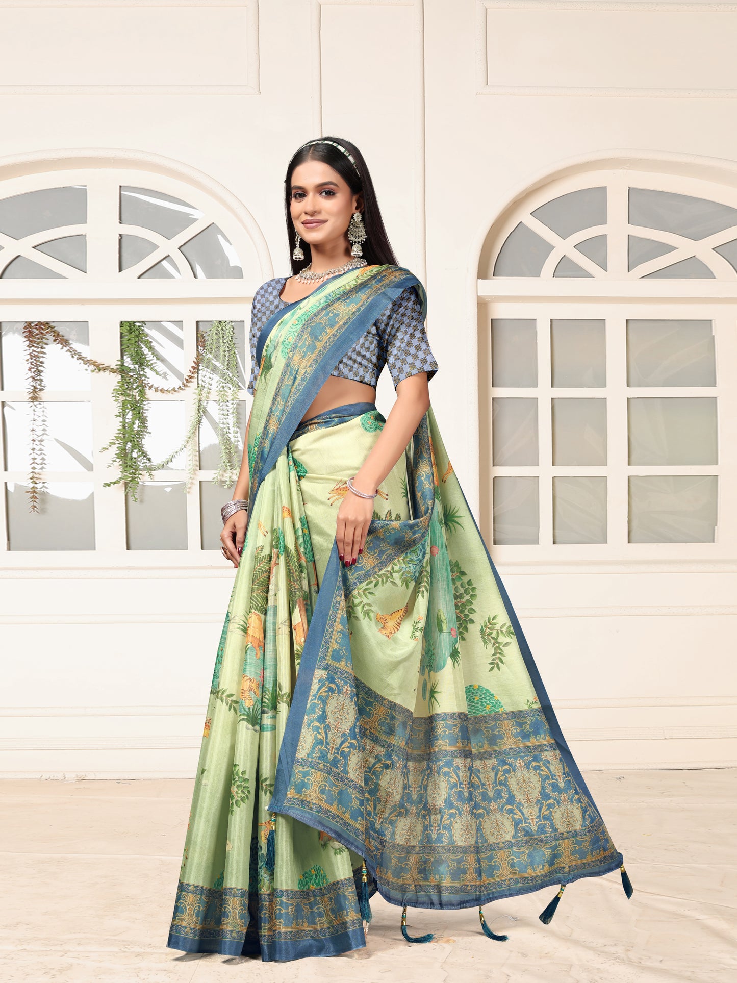 Pastel Green Designer Dolla Silk Saree with Blue Border